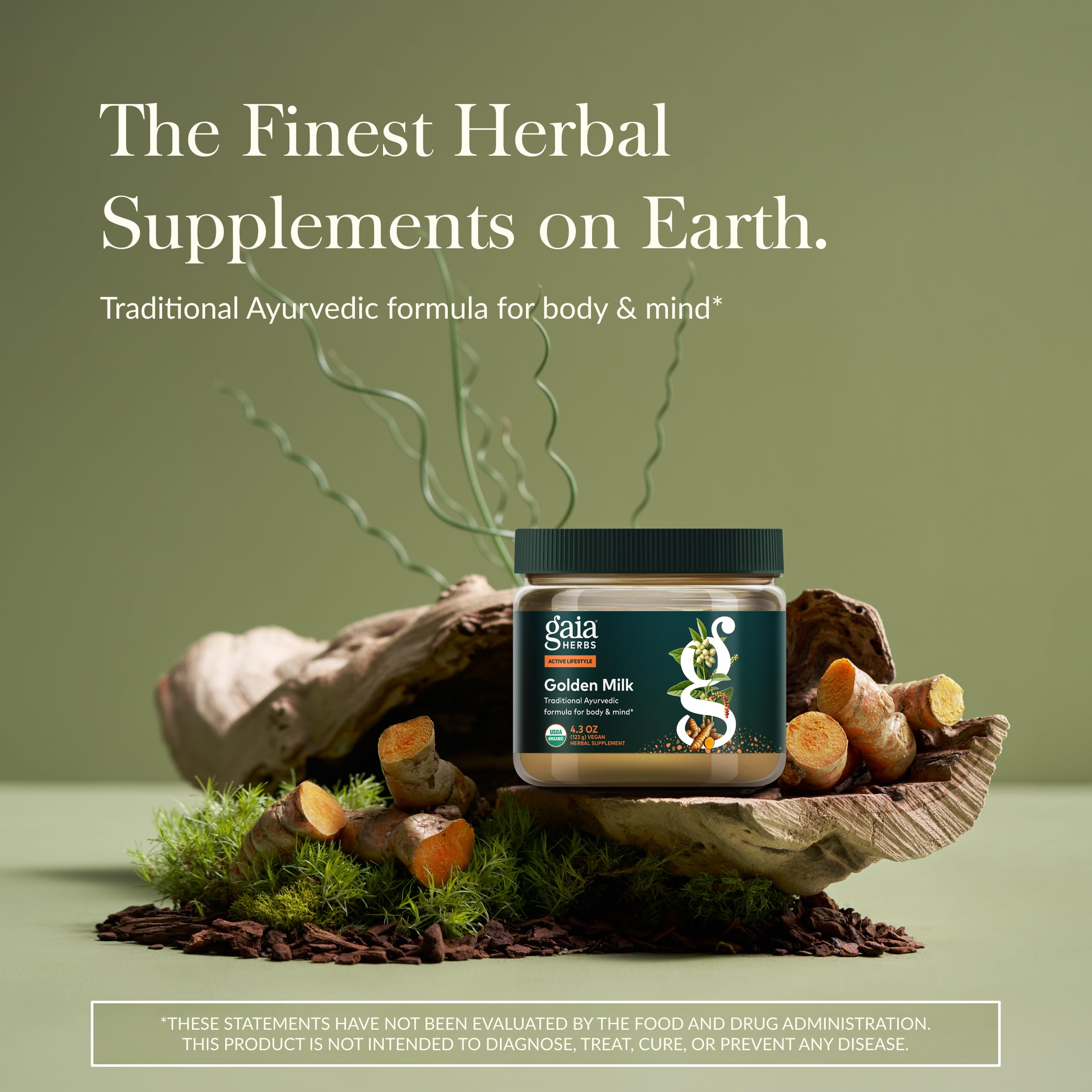 Gaia Herbs primer plano del polvo dorado mostrando textura fina