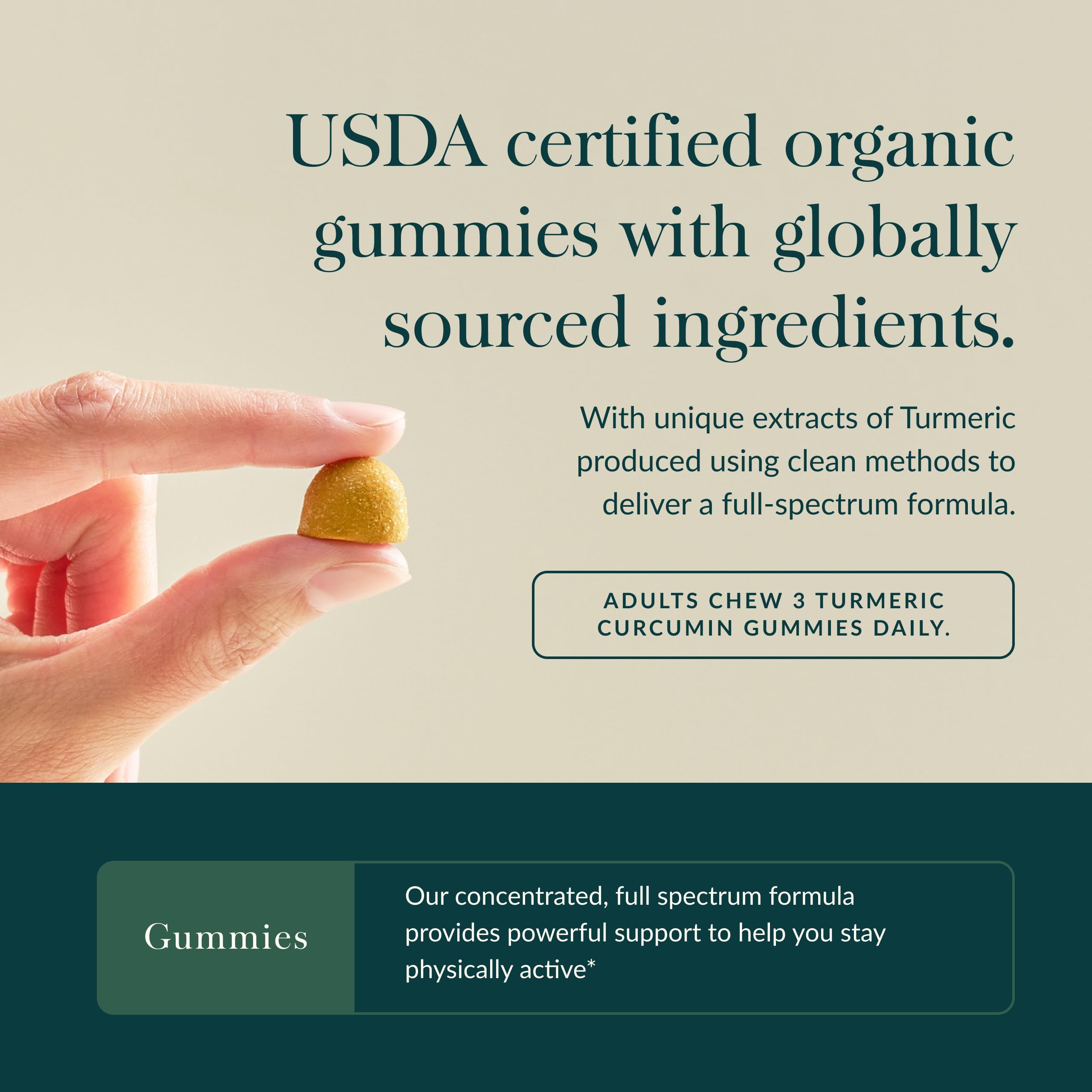 Gaia Herbs gominola en mano para comparar tamaño y facilidad de uso
