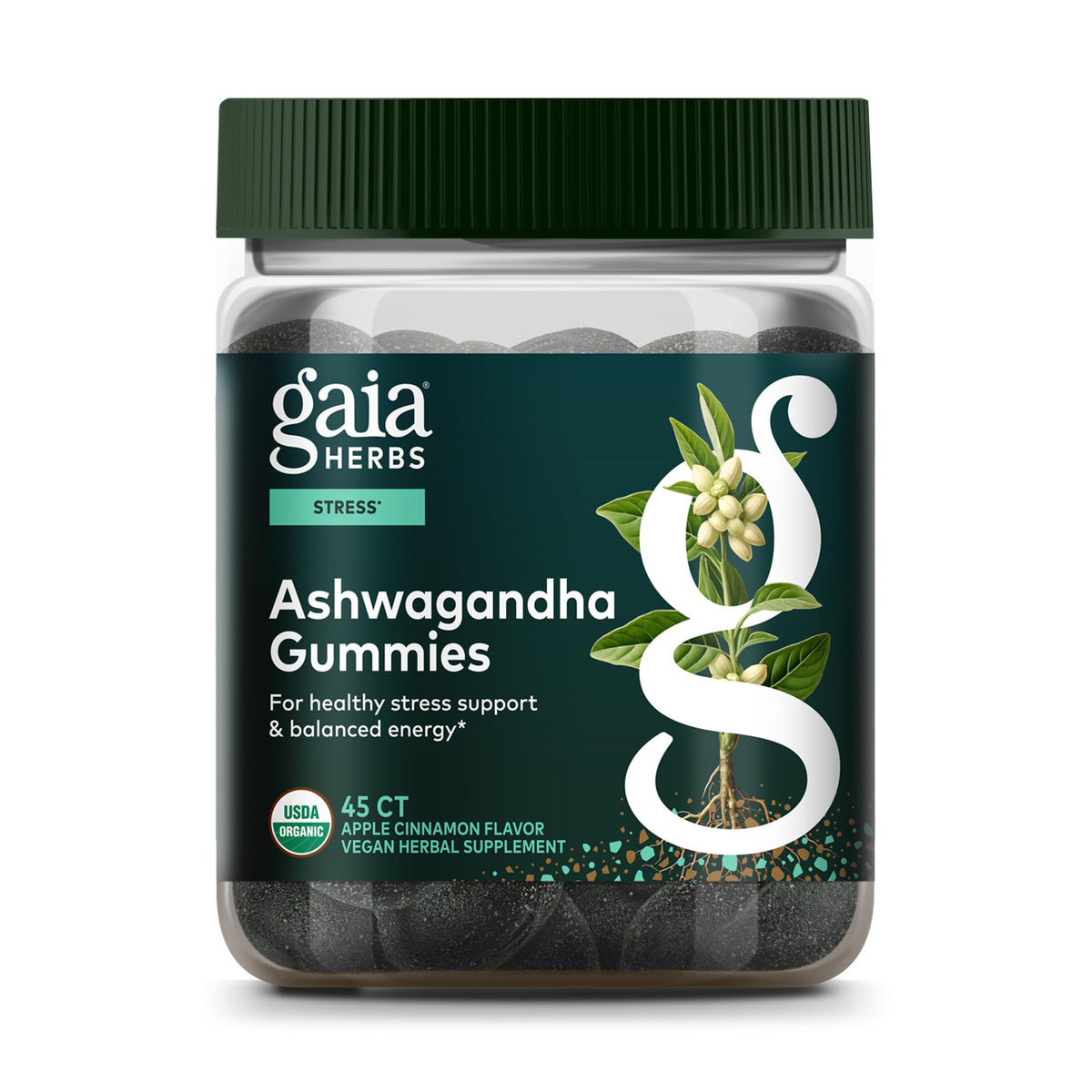 Gaia Herbs frontal del envase con diseño claro y beneficios visibles