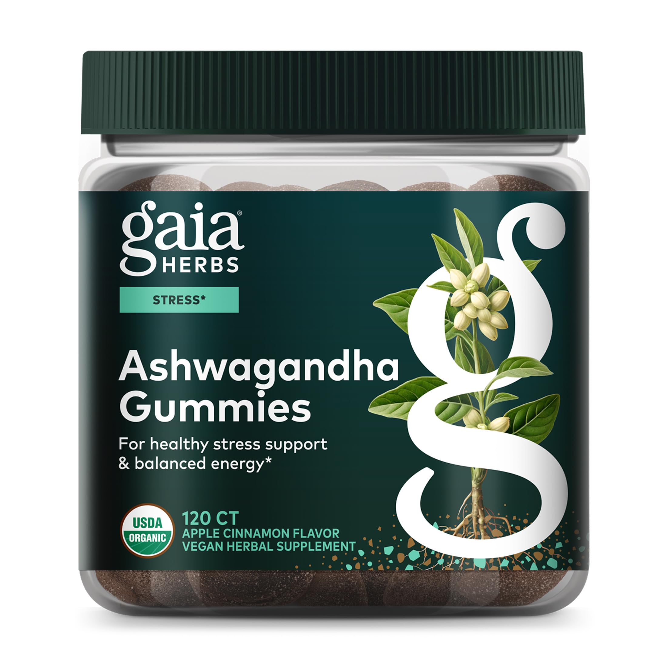 Gaia Herbs frontal del envase mostrando gomitas y beneficios