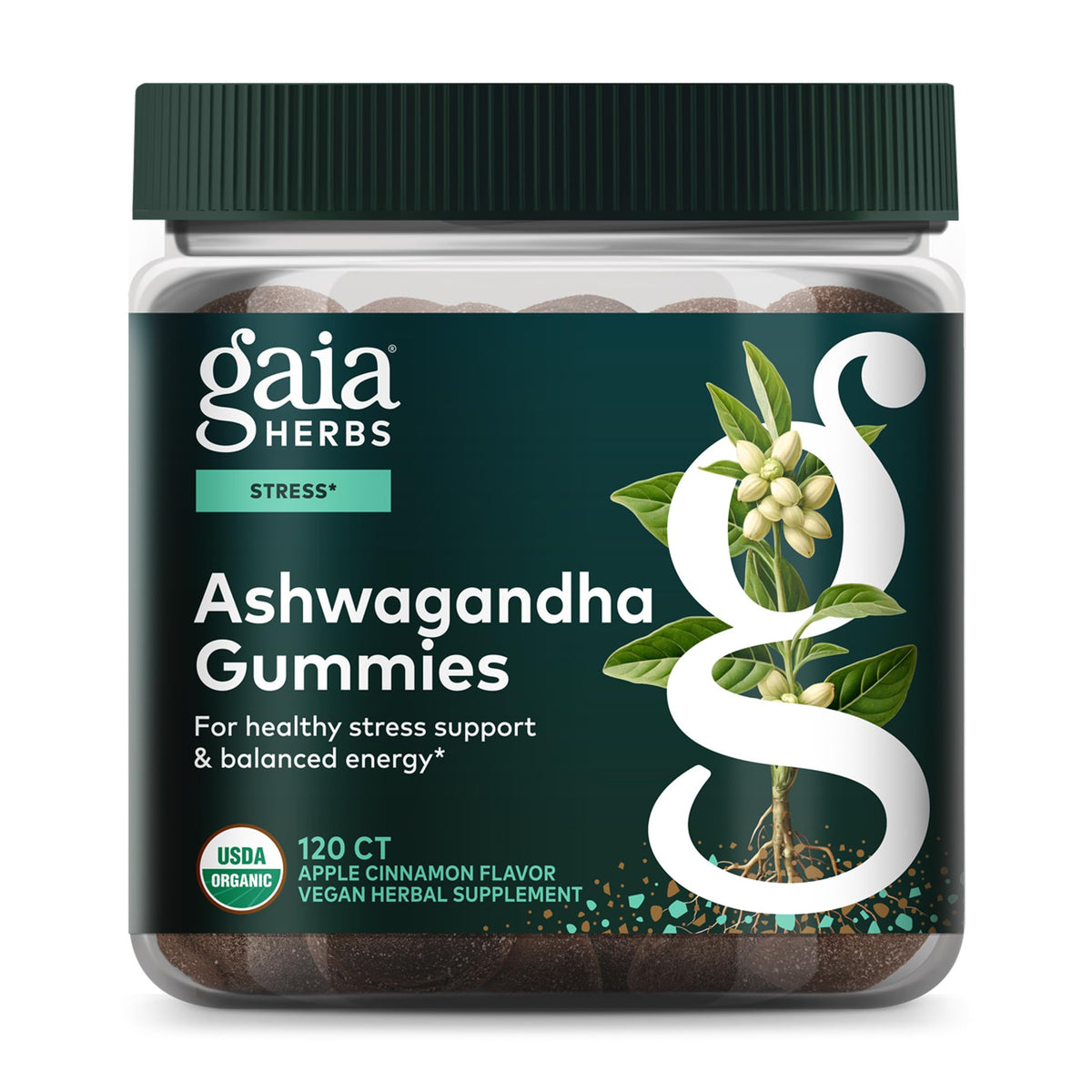 Gaia Herbs frontal del envase mostrando gomitas y beneficios