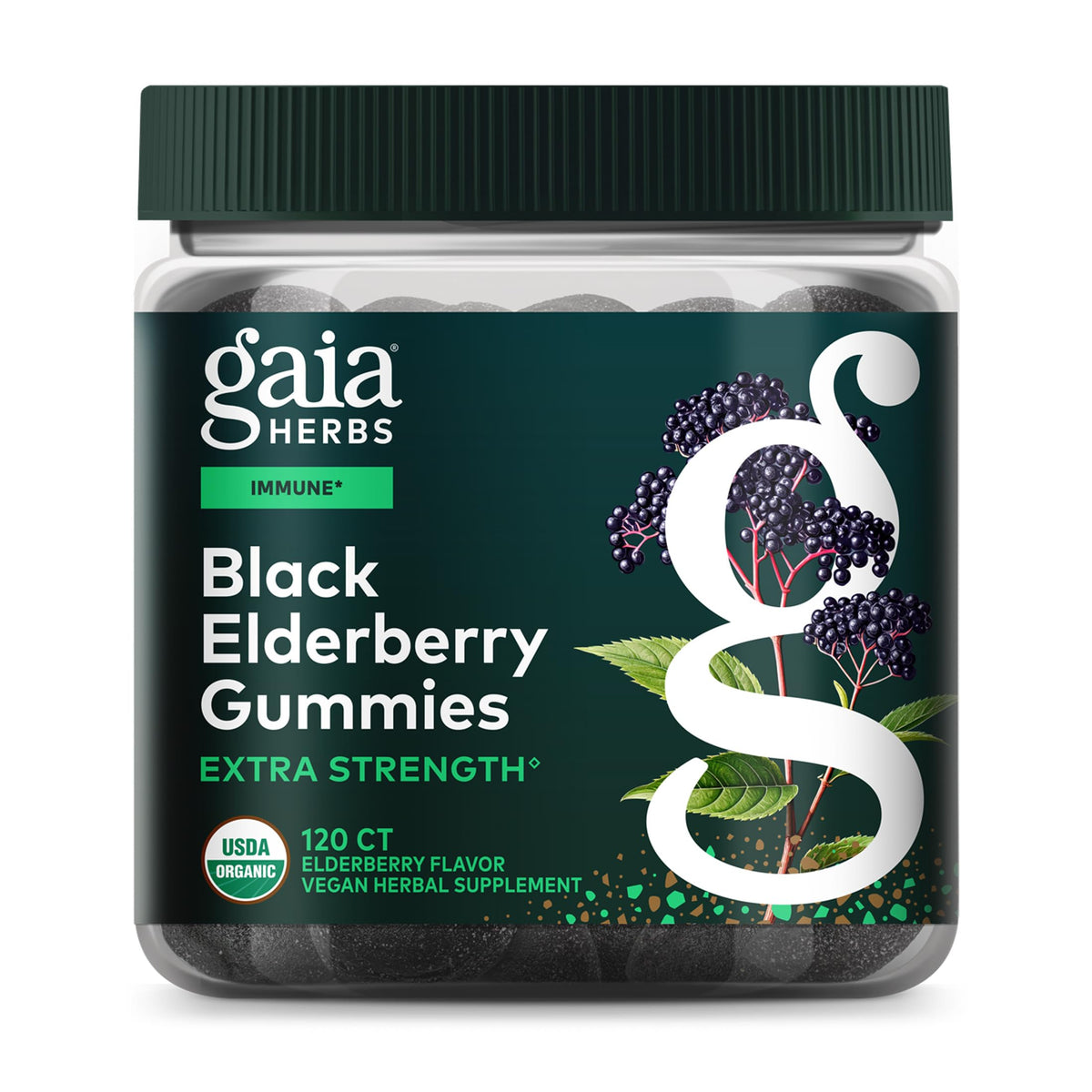 Gaia Herbs frasco frente mostrando gomitas orgánicas y fácil dosificación