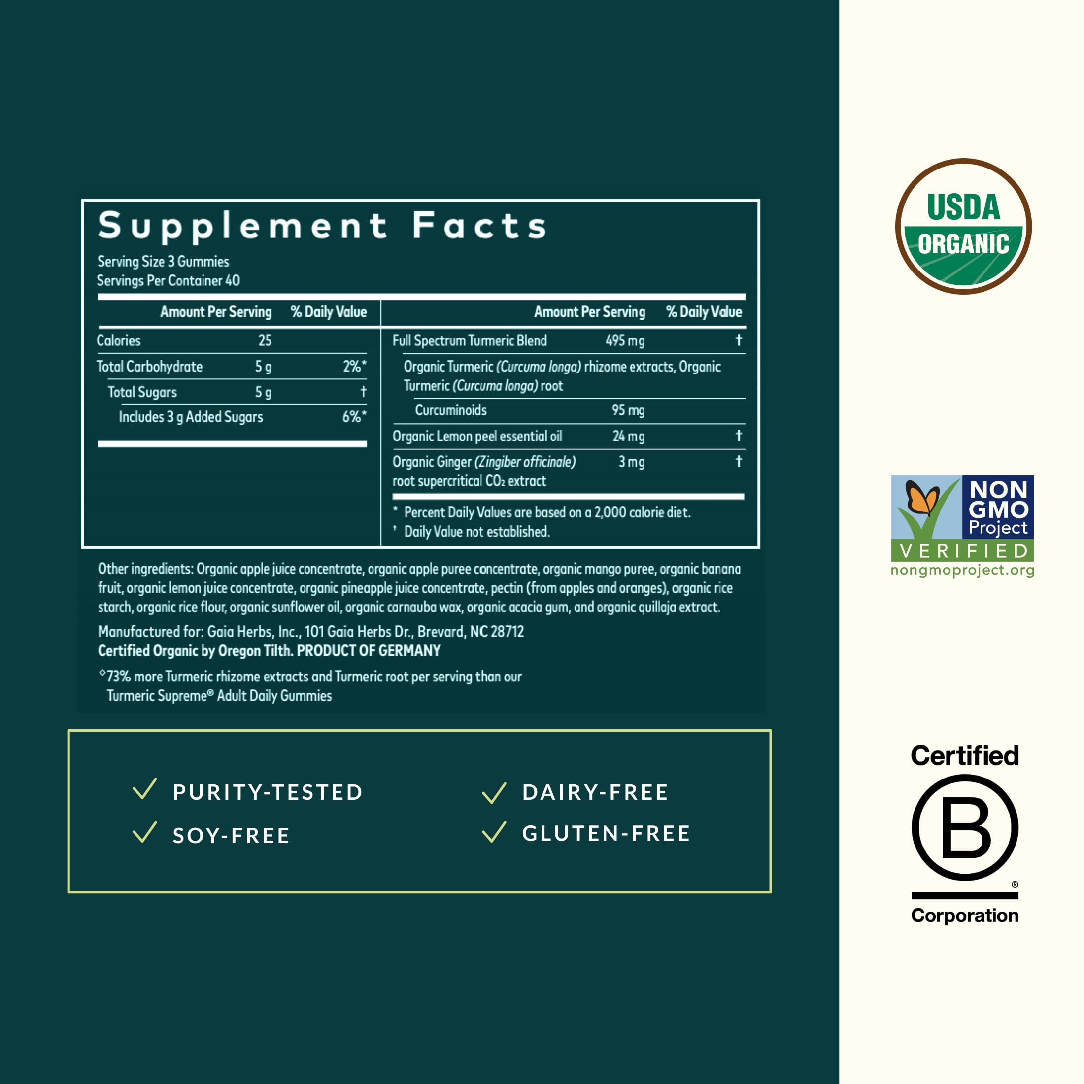 Lado de la etiqueta Gaia Herbs con lista de ingredientes y certificados visibles