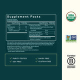 Lado de la etiqueta Gaia Herbs con lista de ingredientes y certificados visibles