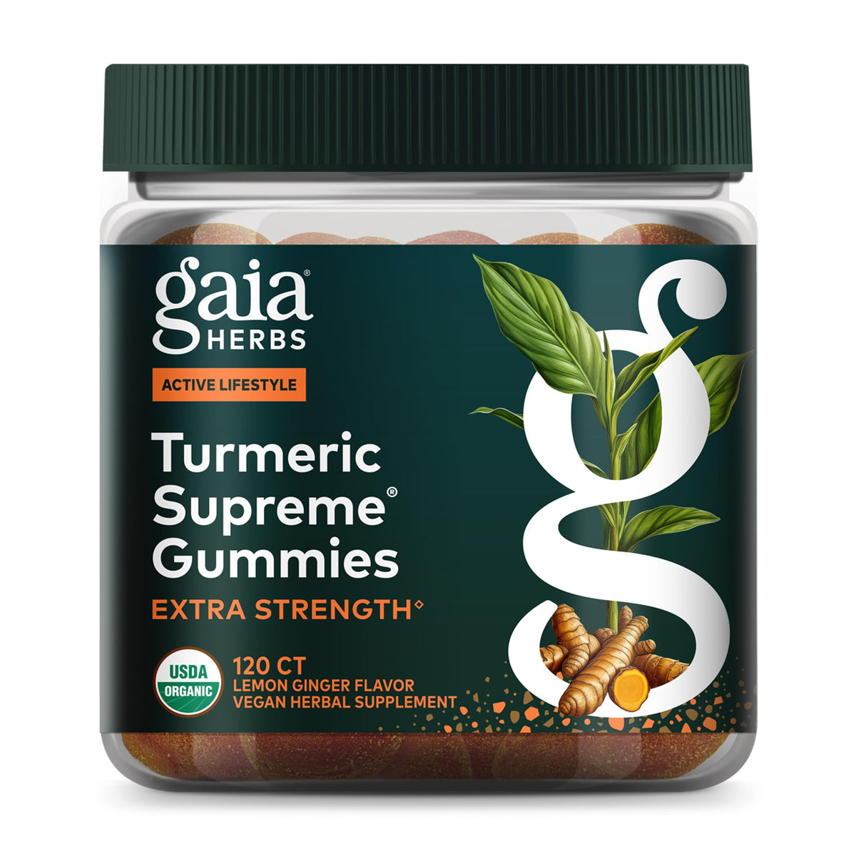 Gaia Herbs frontal del envase que muestra el producto y beneficios principales