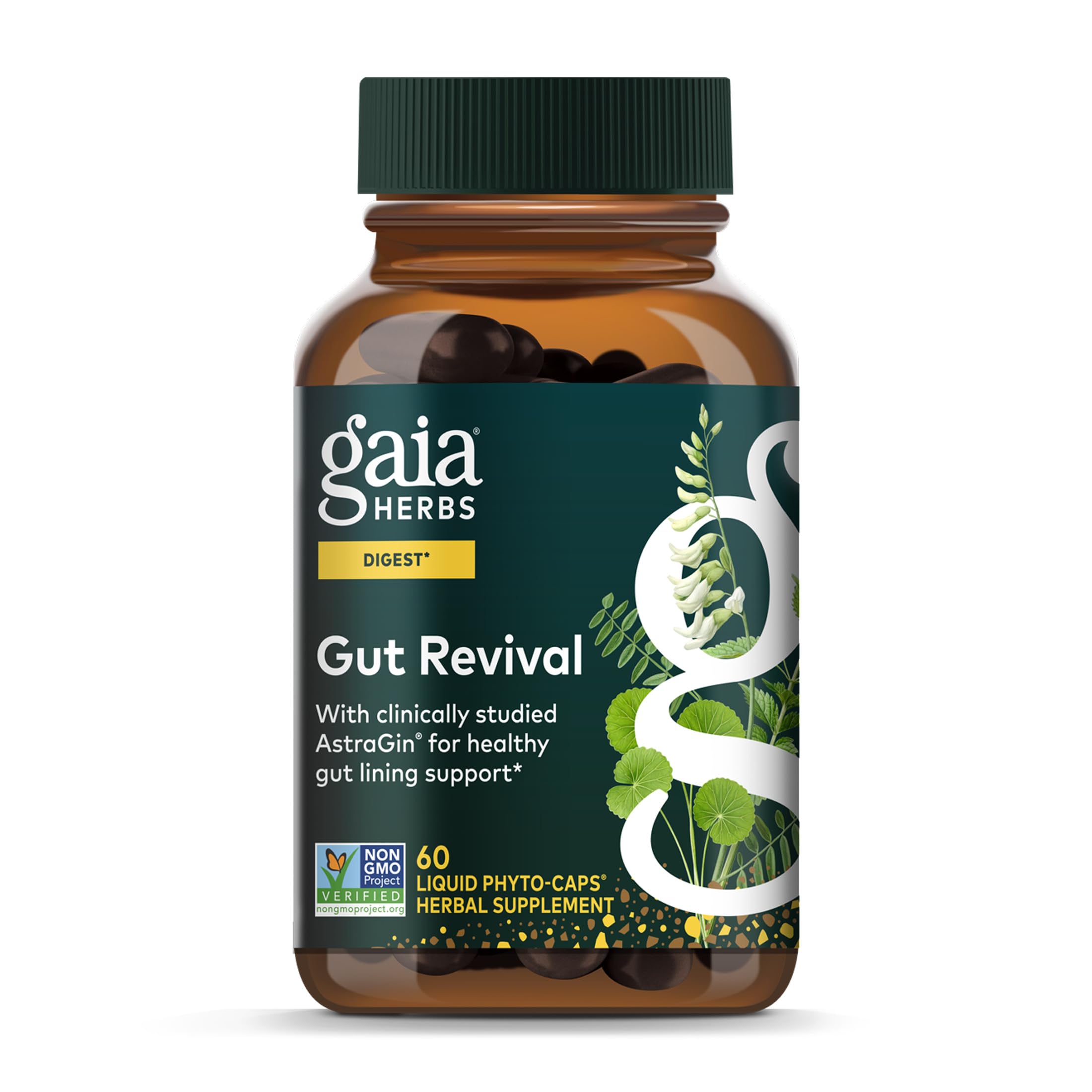 Gaia Herbs frasco frontal mostrando diseño y beneficios claros