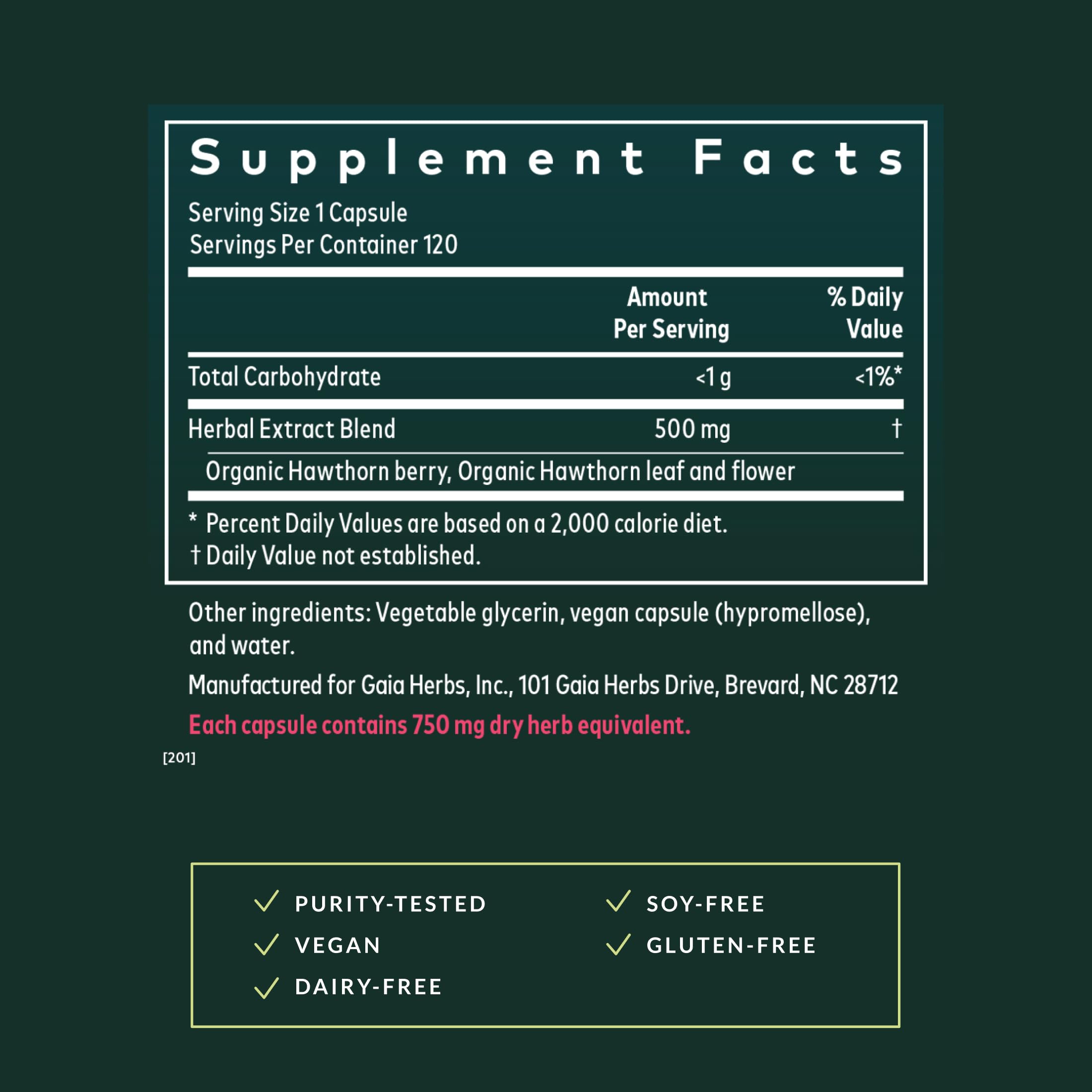 Gaia Herbs extracto líquido de hawthorn mostrando concentración fitoquímica