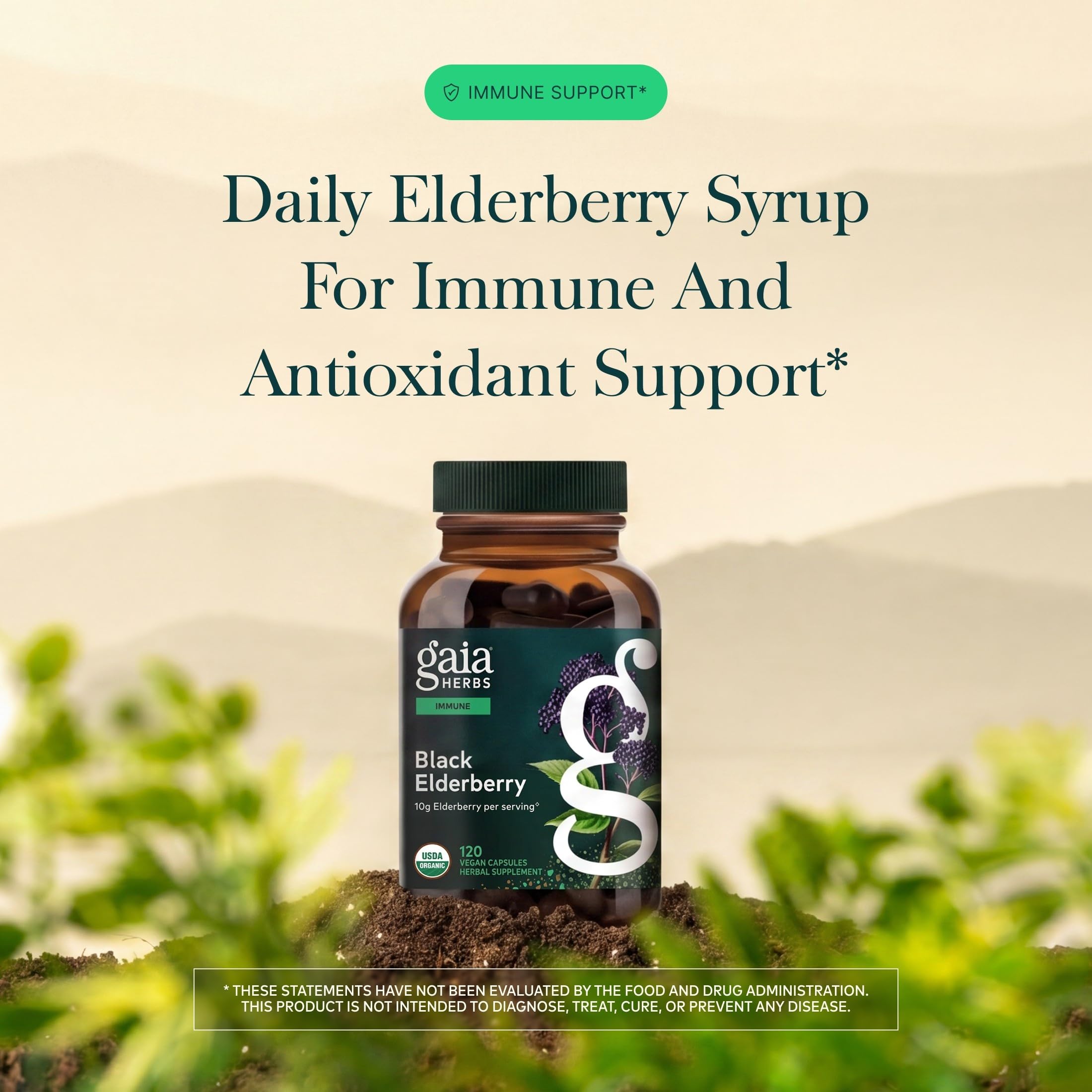 Gaia Herbs acerola y bayas de saúco juntas destacando origen natural y antioxidantes