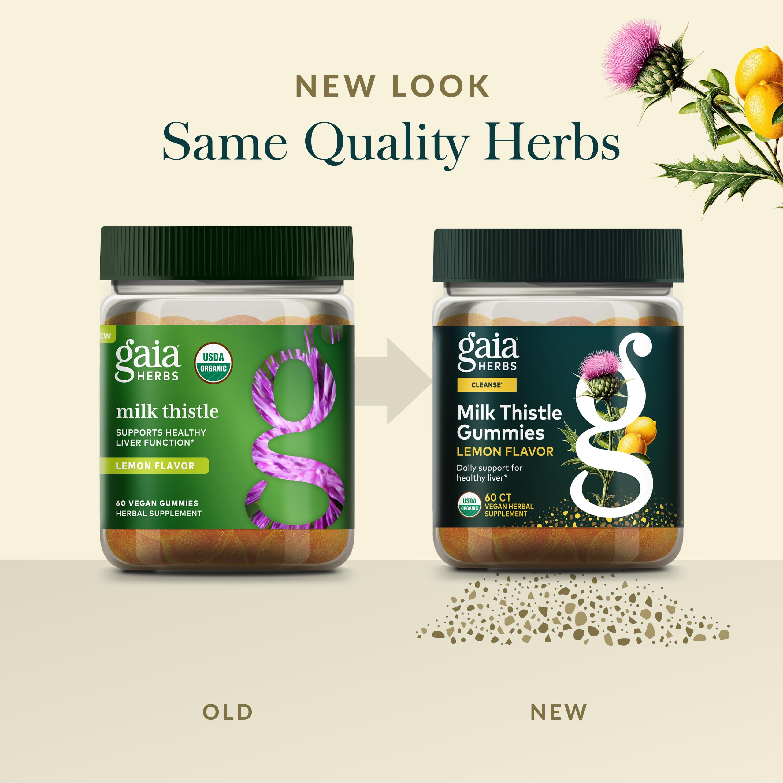 Gaia Herbs ingredientes de limón orgánico cerca del frasco, sabor natural certificado