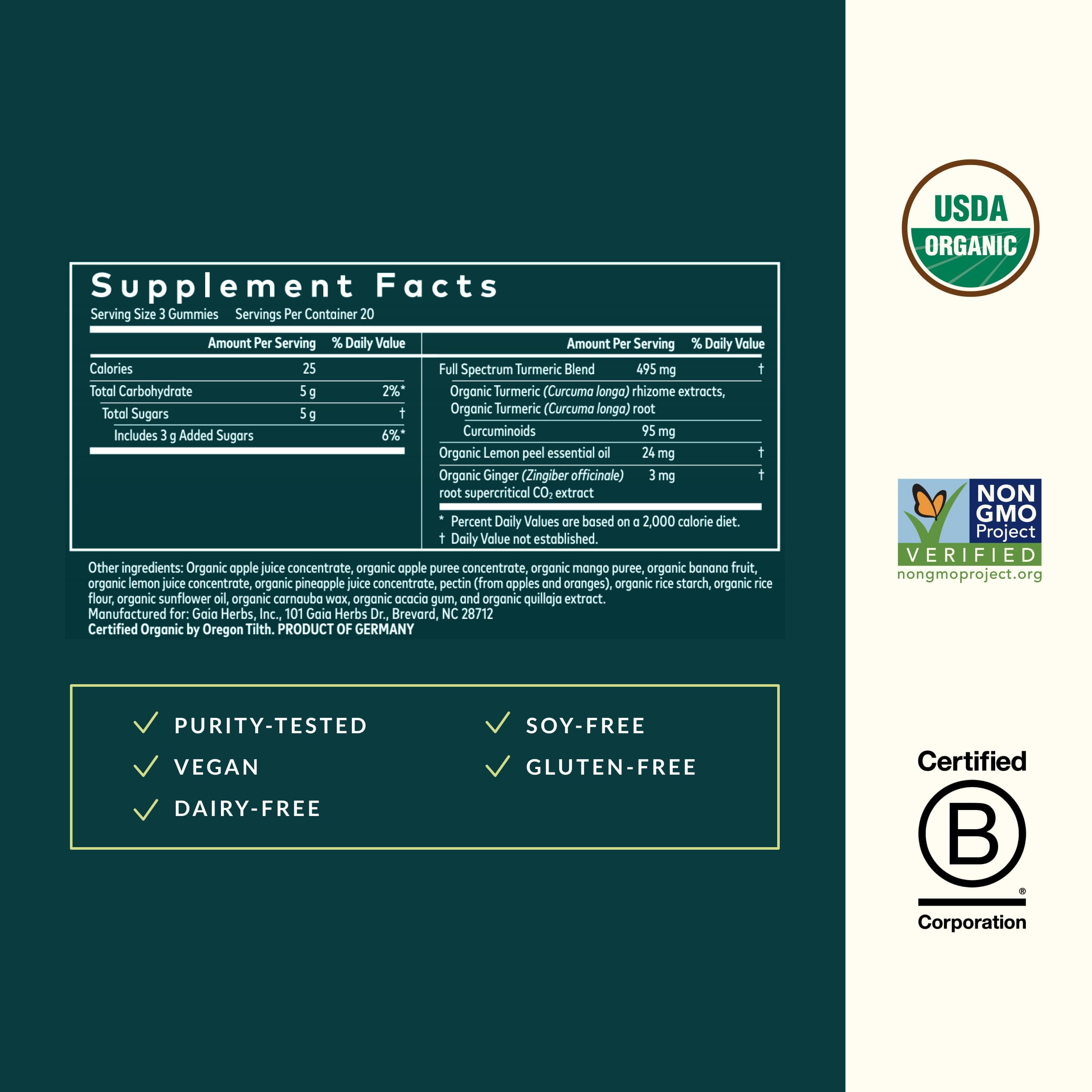 Gaia Herbs cúrcuma y pimienta negra como ingredientes principales y biodisponibilidad