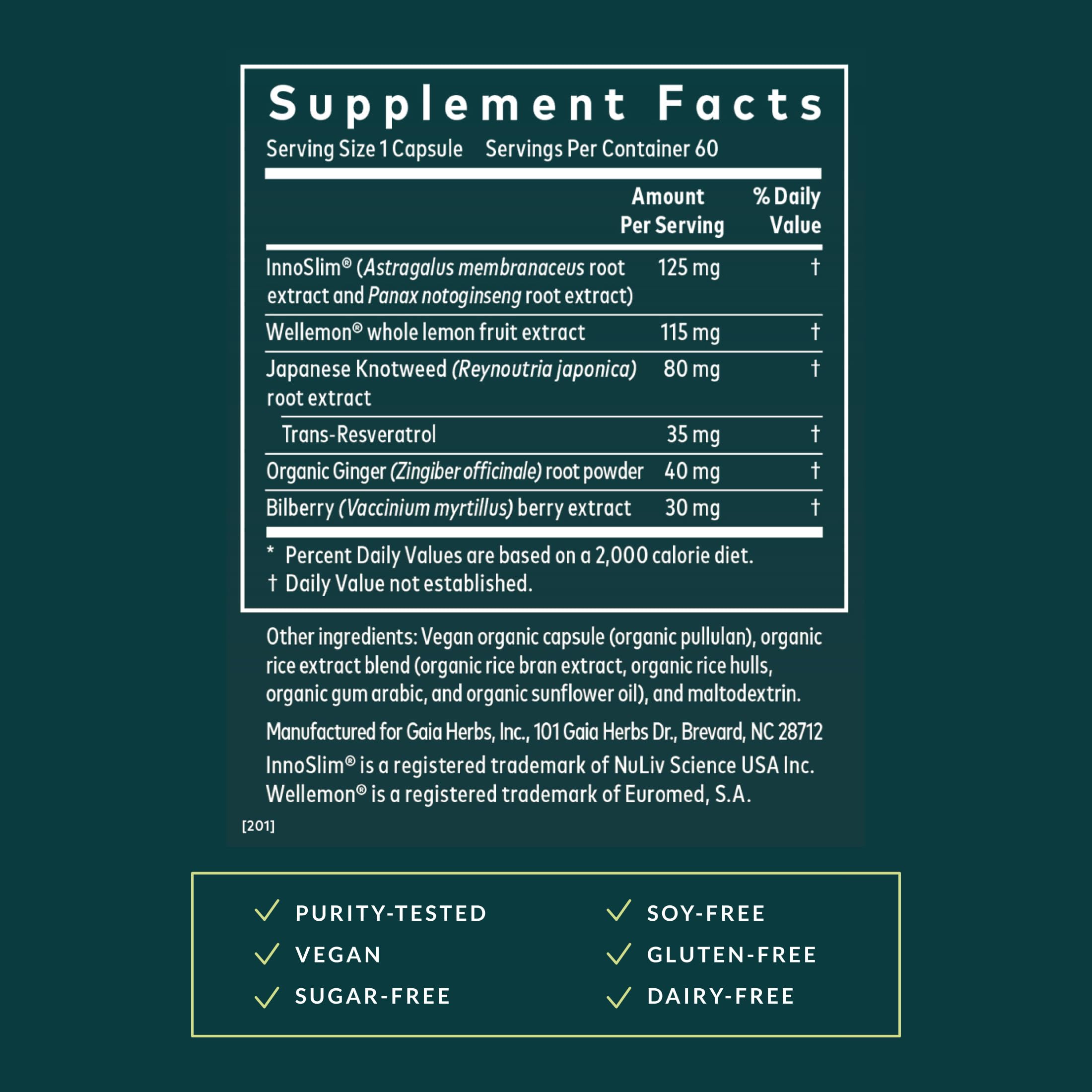 Gaia Herbs extracto InnoSlim textura y pureza, apoyo metabólico