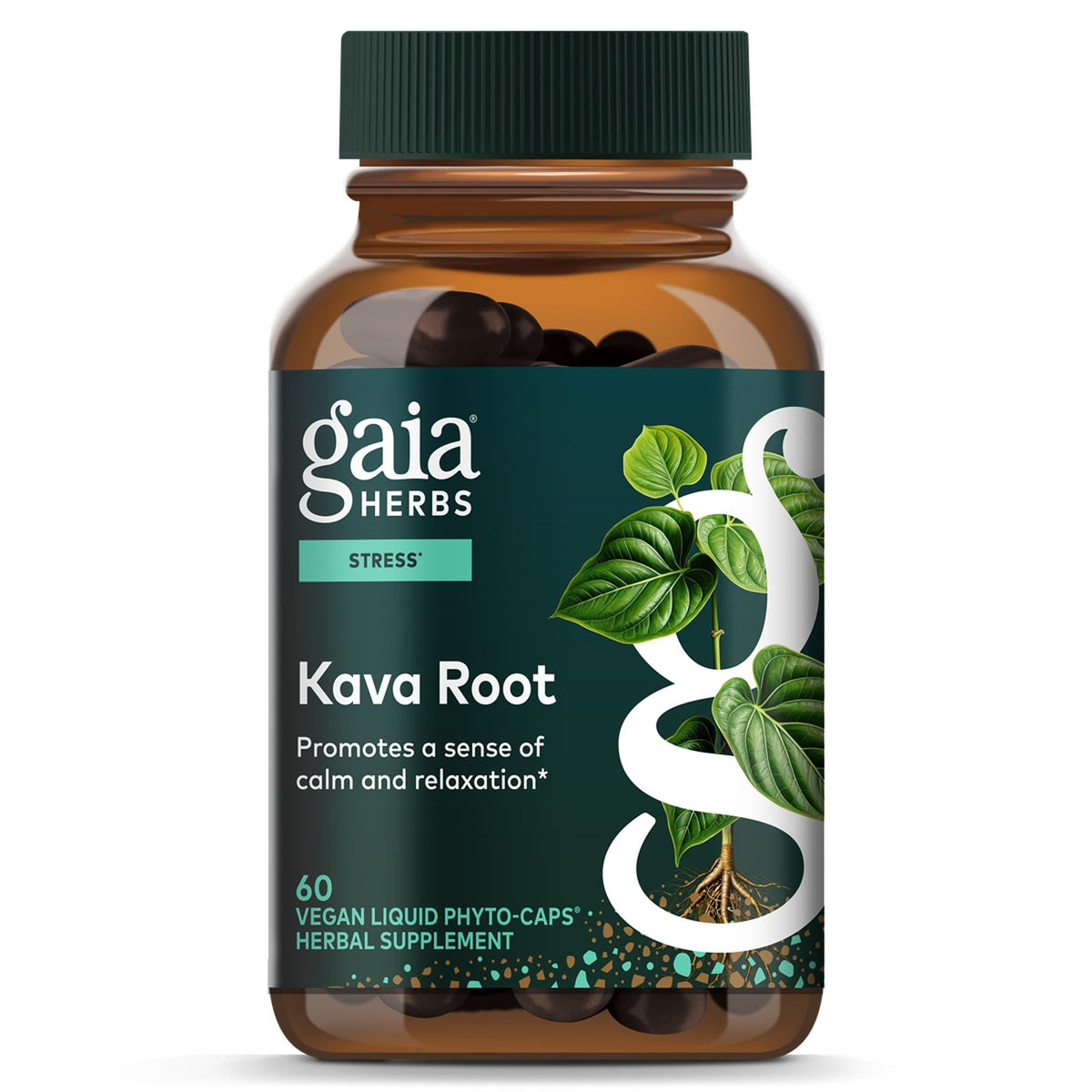 Gaia Herbs envase frontal mostrando producto y beneficio de calma