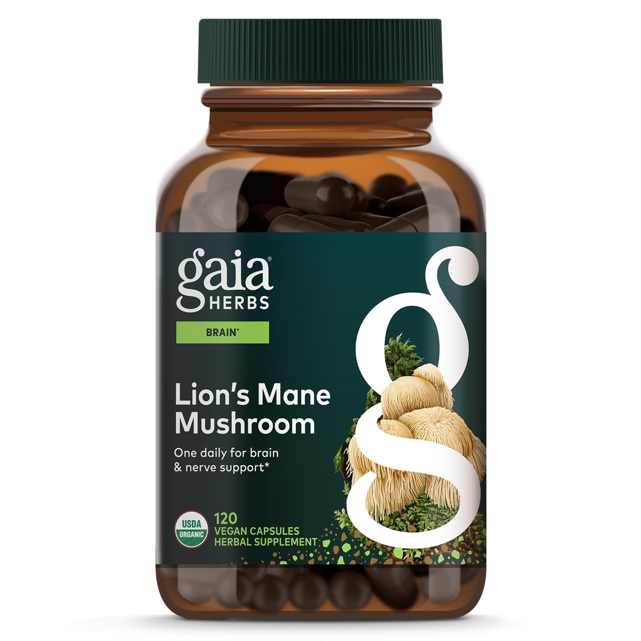 Gaia Herbs envase frontal mostrando cápsulas veganas y beneficio de apoyo cognitivo