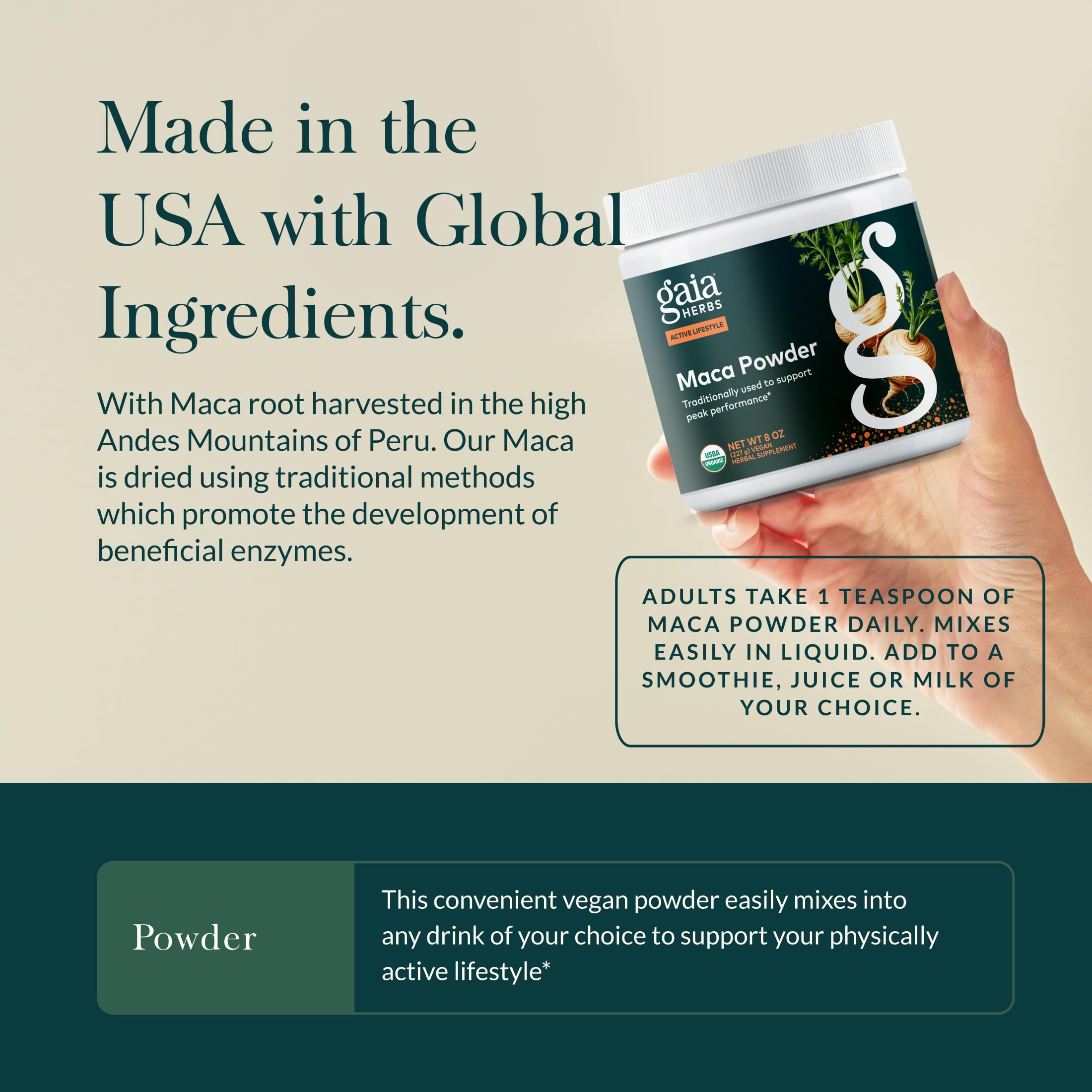 Gaia Herbs batido con maca, energía natural sin cafeína