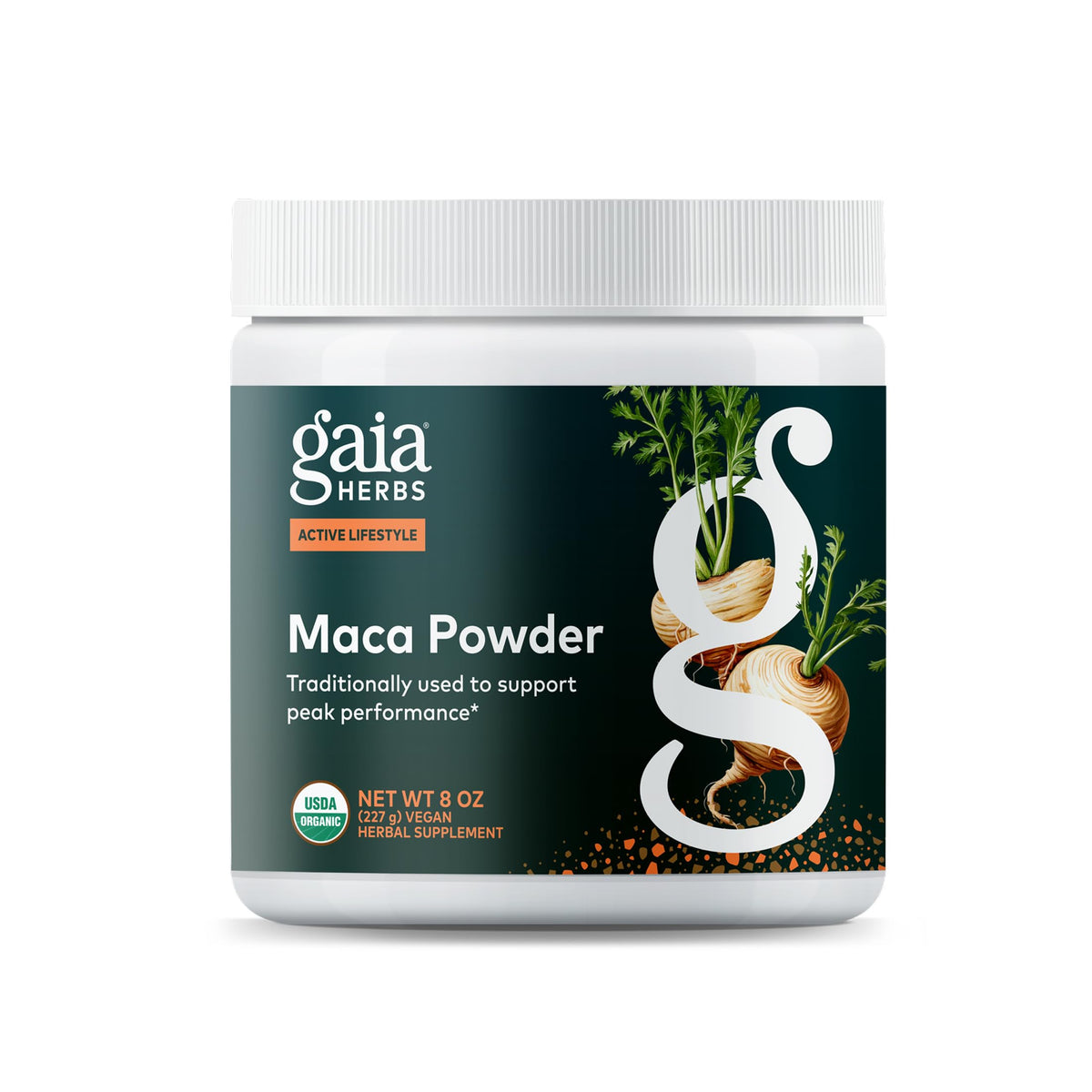 Gaia Herbs envase frontal de Maca orgánica, confianza y calidad