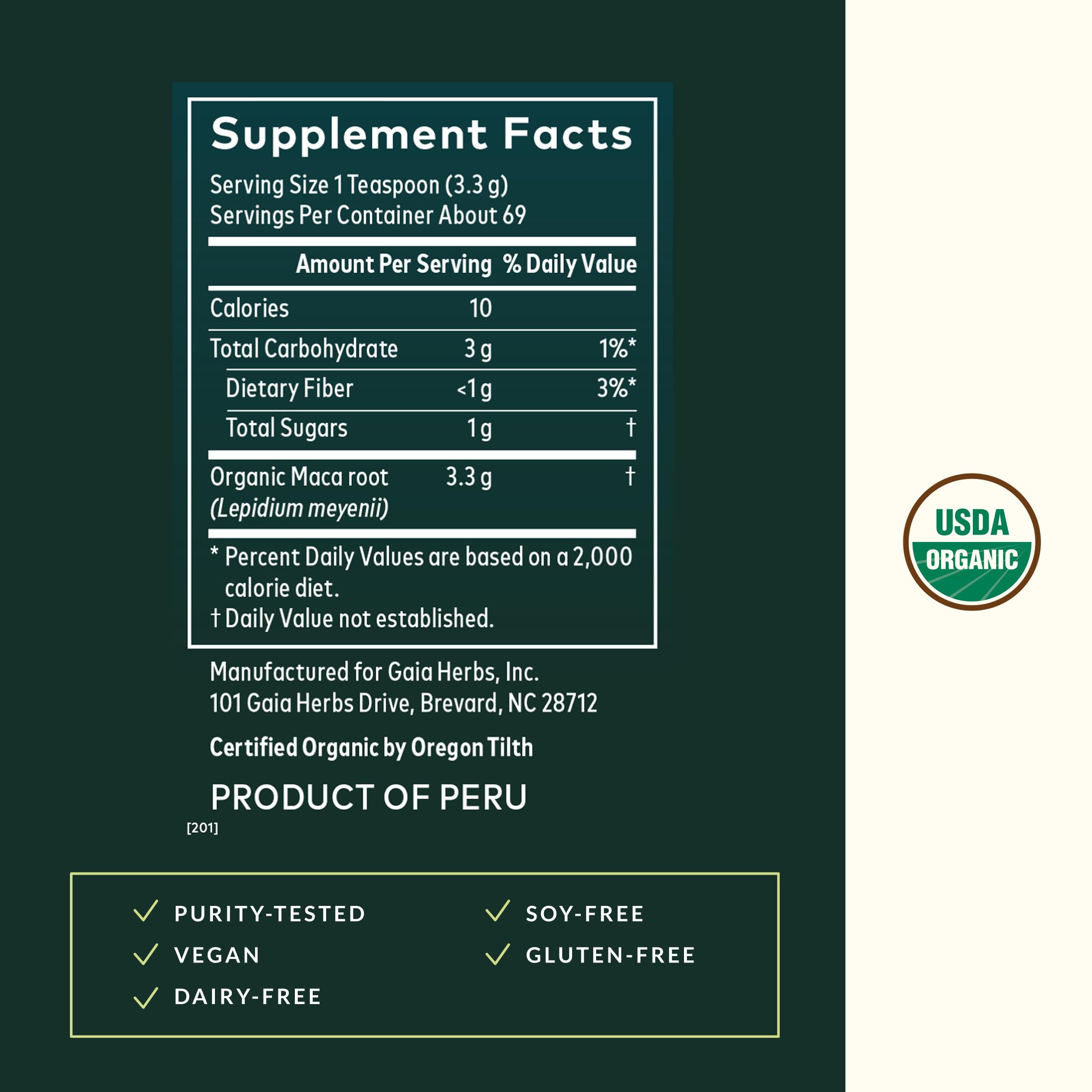 Gaia Herbs cuchara con porción de maca, dosificación práctica