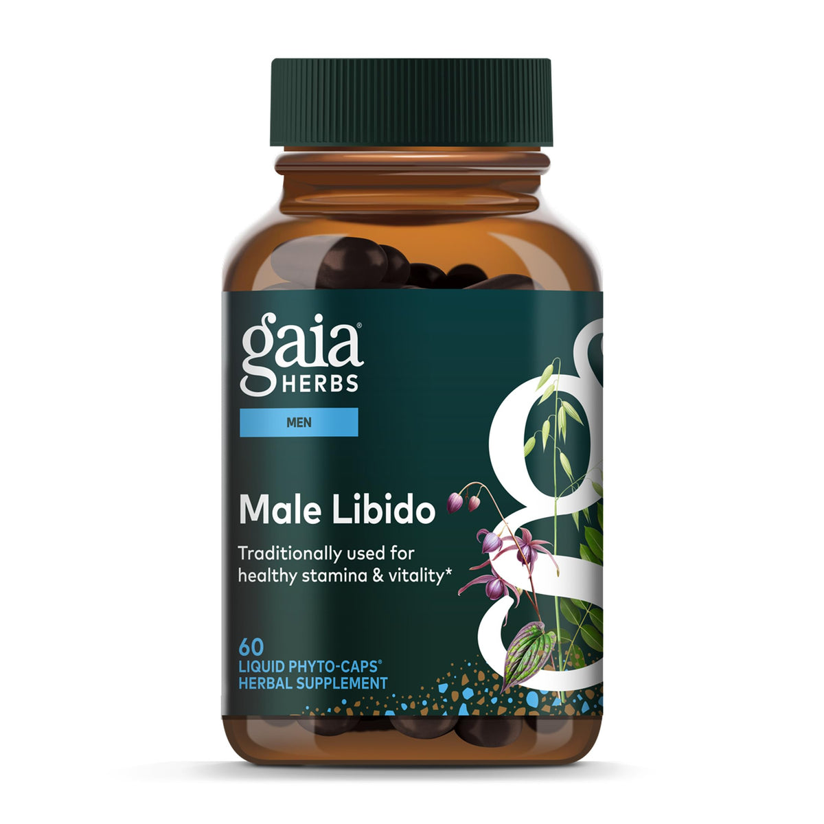 Gaia Herbs frasco frontal mostrando etiqueta legible y beneficios visibles