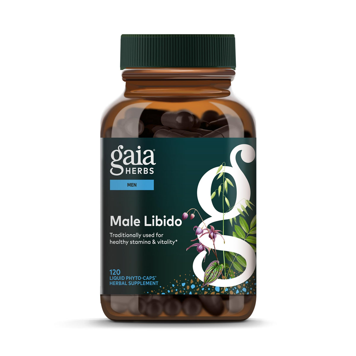Gaia Herbs botella frontal mostrando fórmula masculina y beneficios