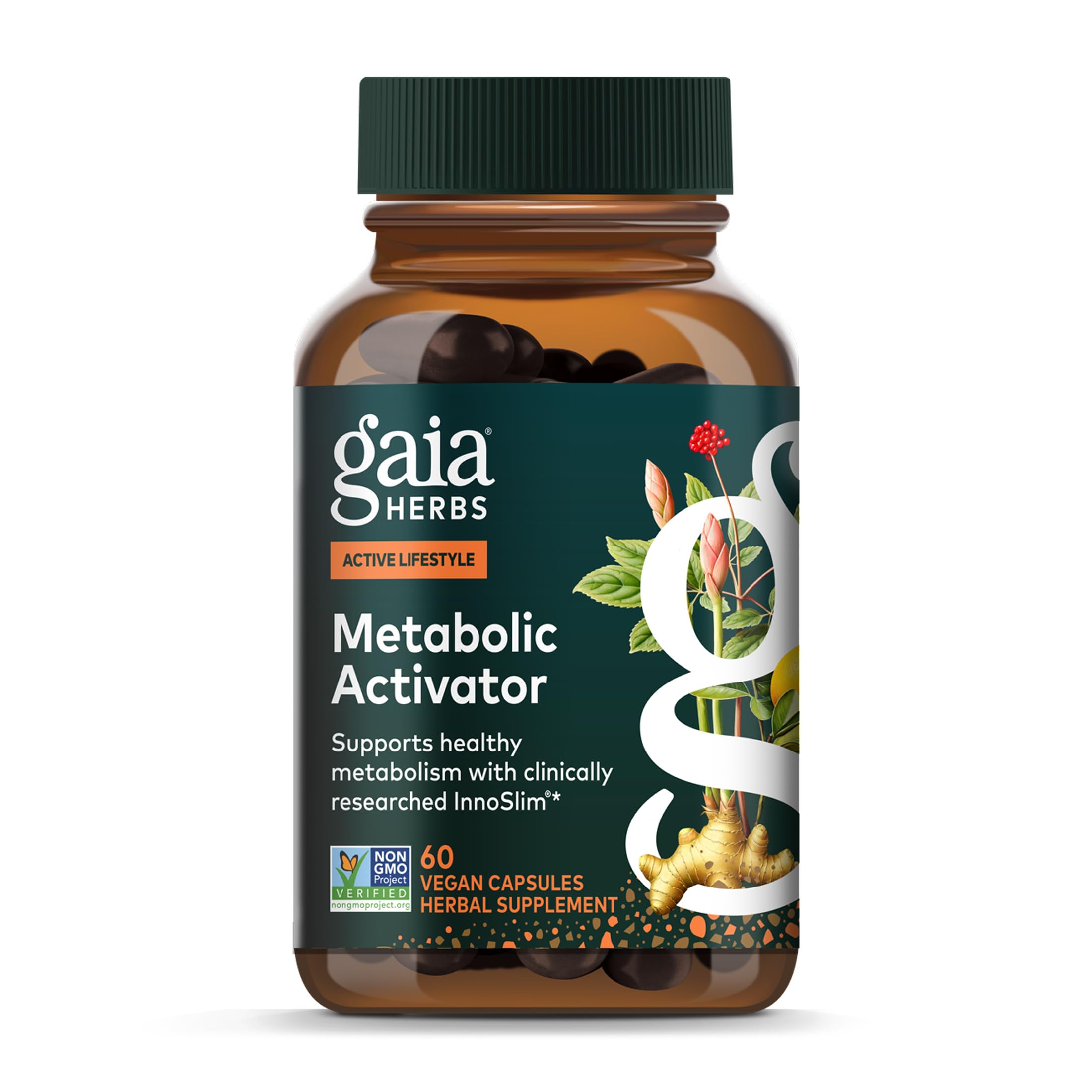 Gaia Herbs frasco frontal mostrando etiqueta y beneficios visibles