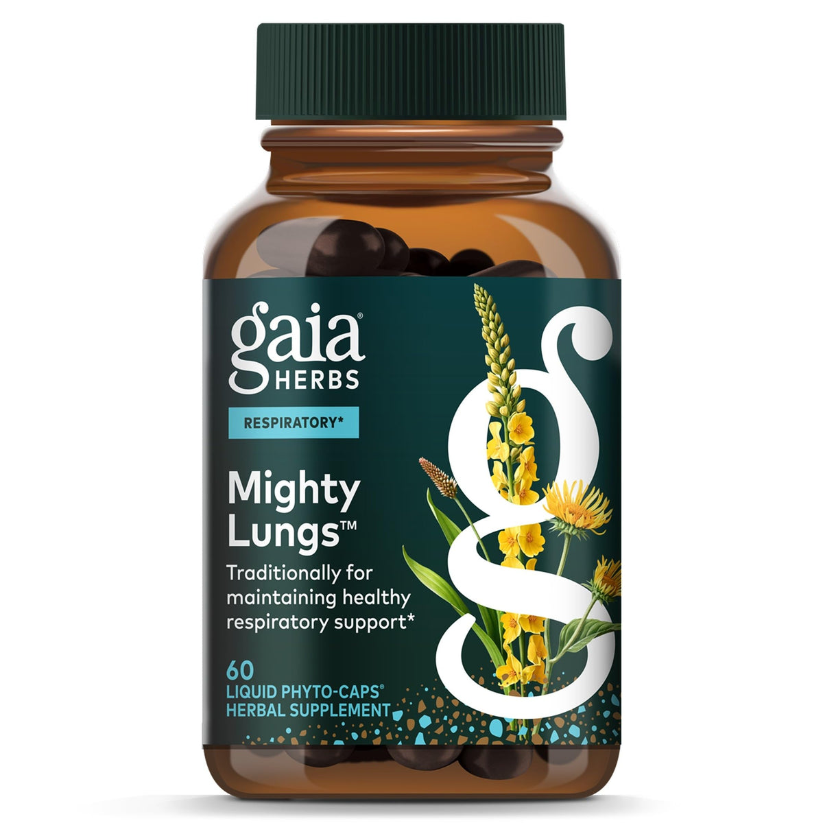 Gaia Herbs frasco delantero mostrando la presentación y beneficios