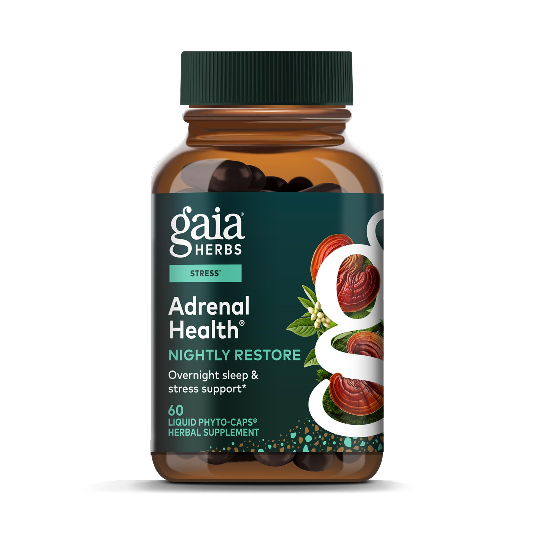 Gaia Herbs frasco frontal de Nightly Restore mostrando etiqueta clara y beneficios