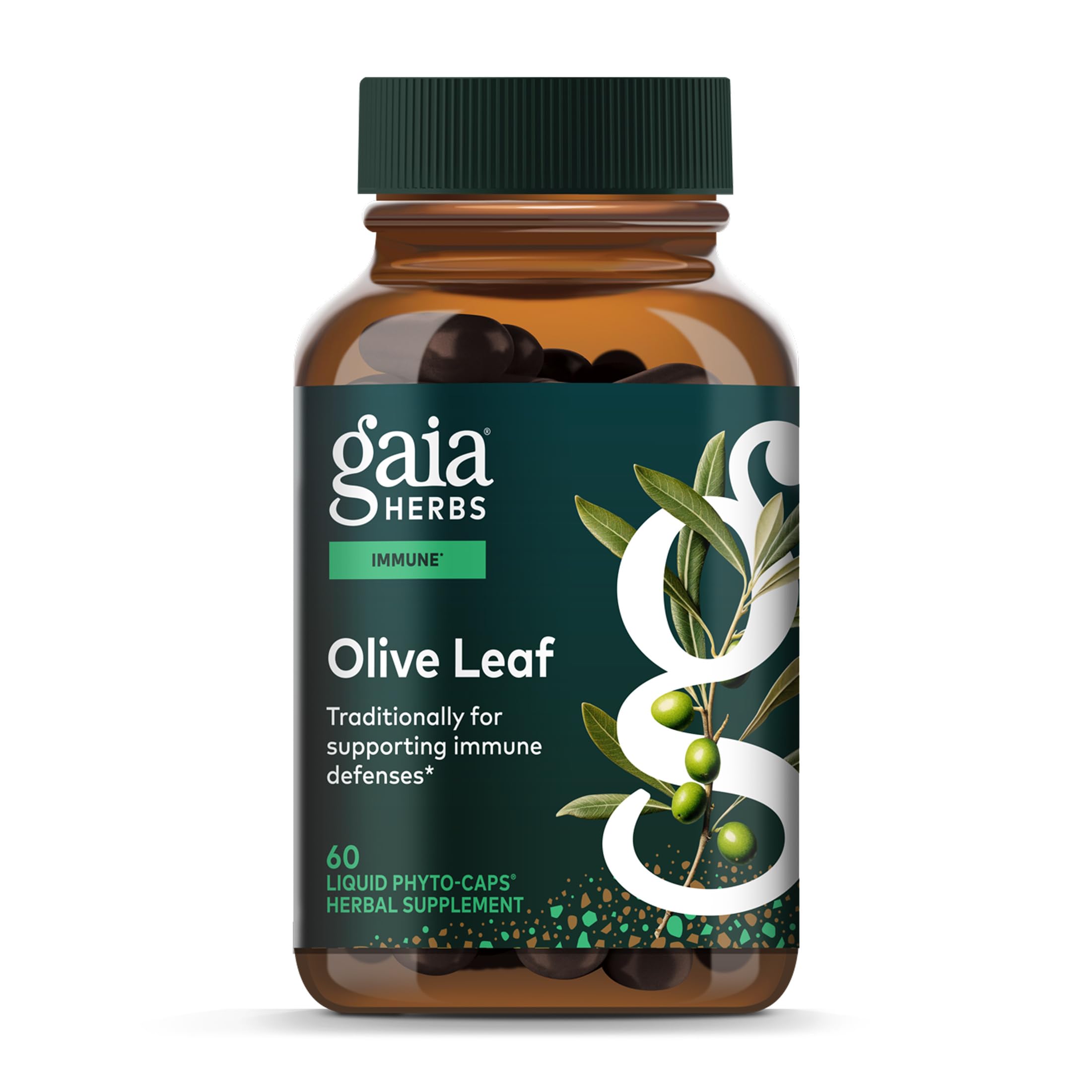 Gaia Herbs envase frontal de Olive Leaf mostrando presentación y beneficios