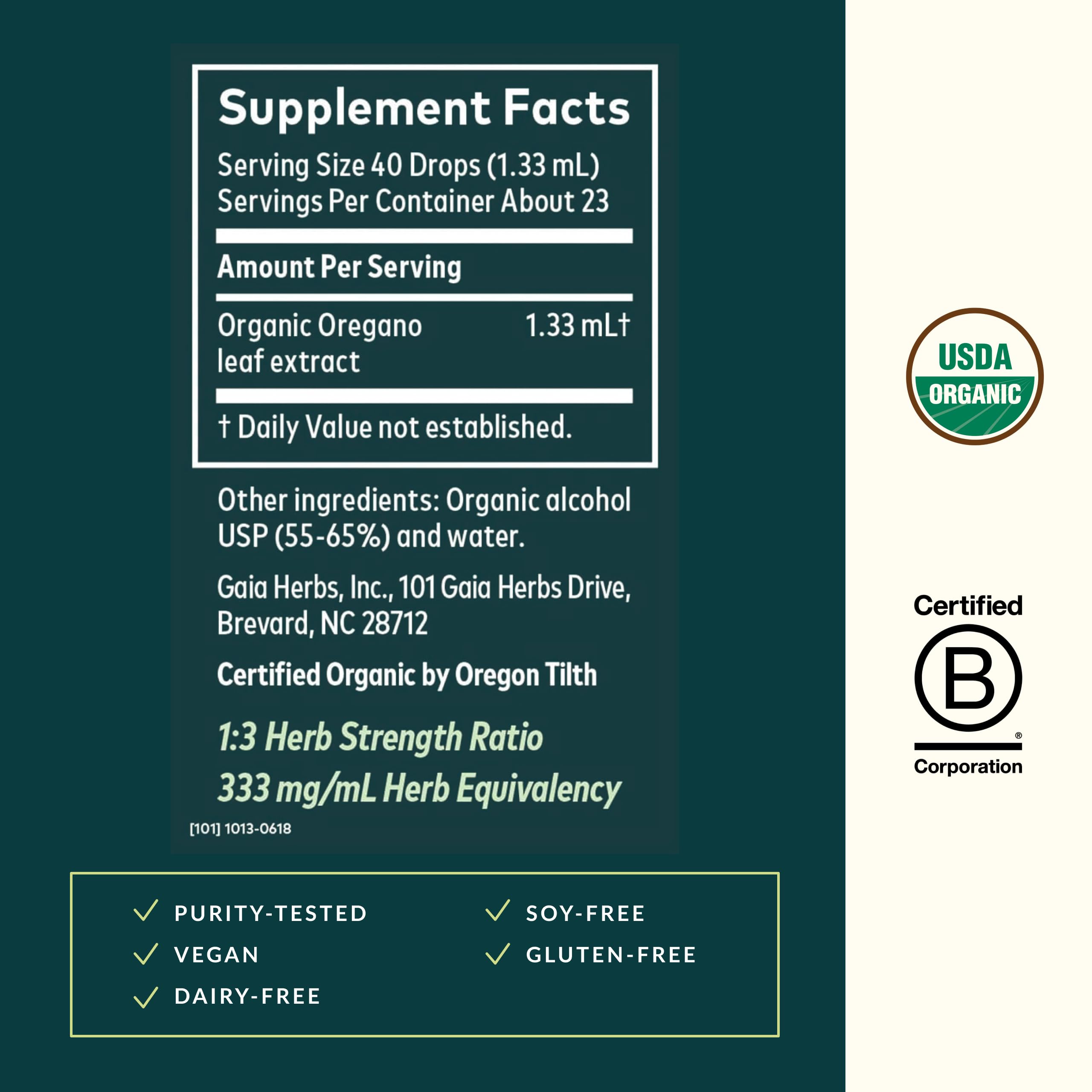 Detalle de etiqueta y cierre de Gaia Herbs que resalta certificación orgánica