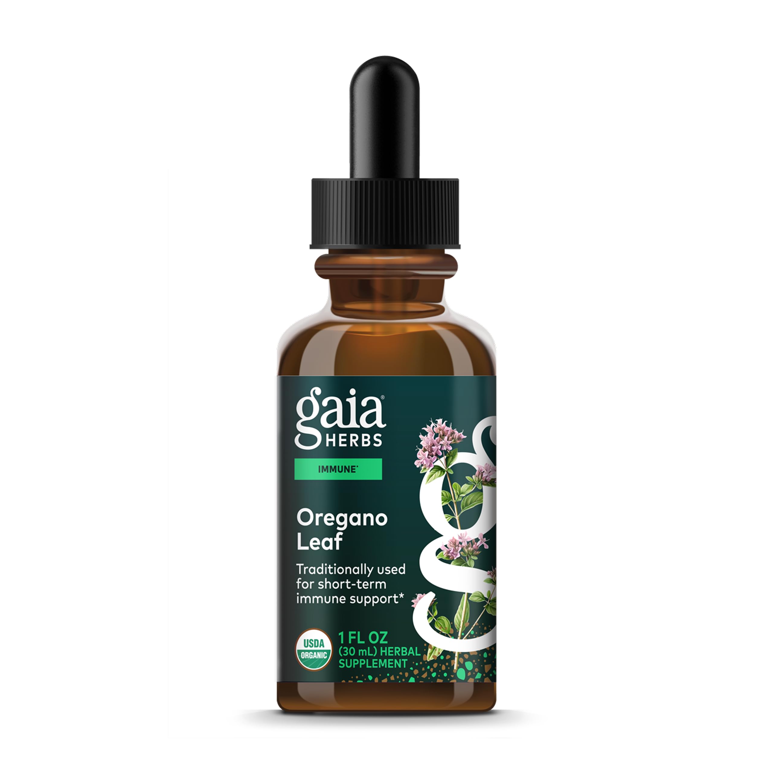 Gaia Herbs frasco frente mostrando etiqueta y beneficio de apoyo inmune