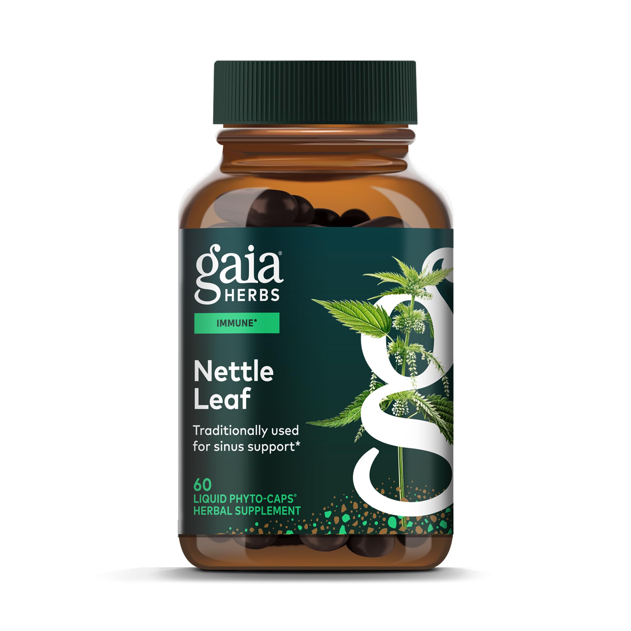 Gaia Herbs frasco frontal mostrando cápsulas líquidas y beneficios de calidad