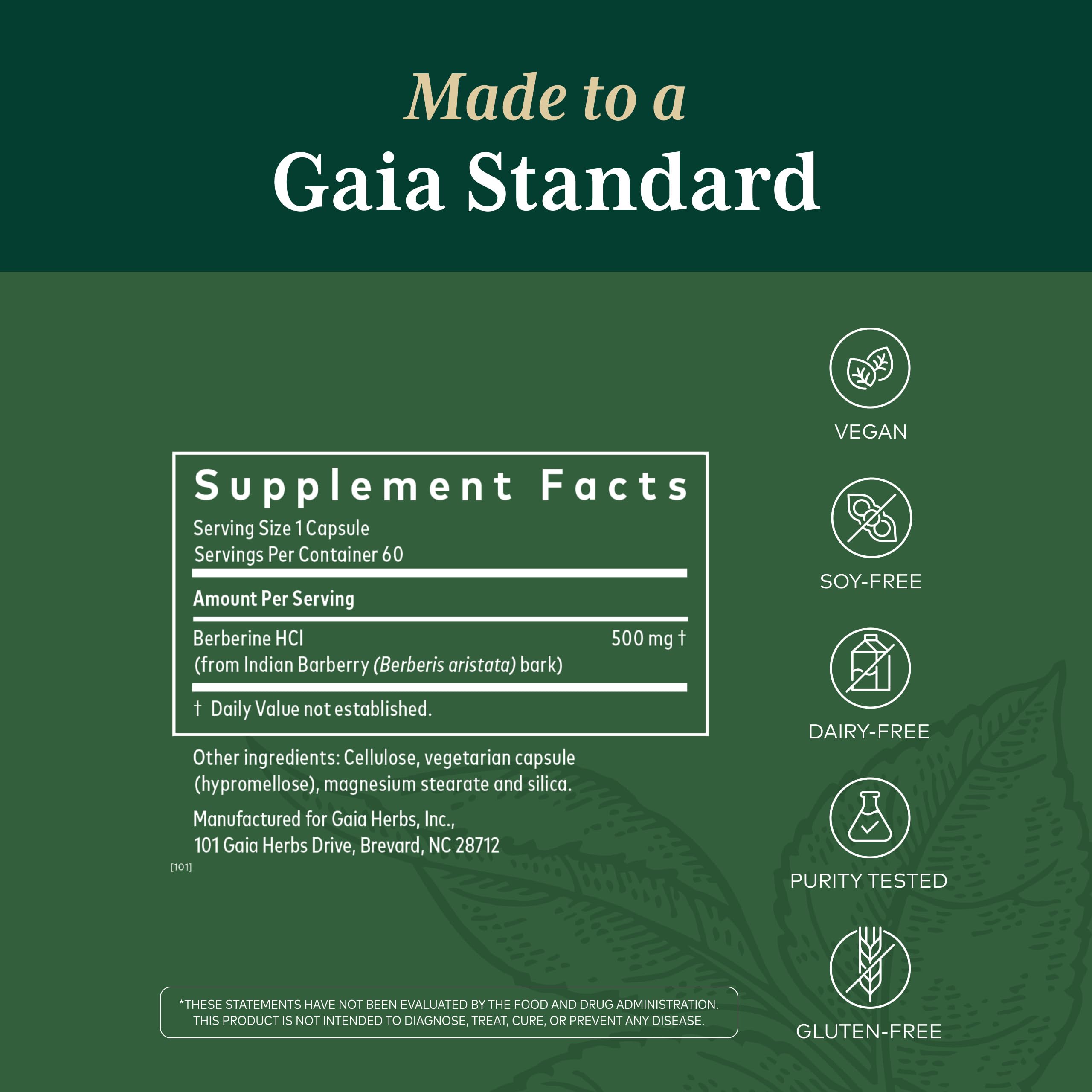 Gaia Herbs PRO detalle de etiqueta con información de ingredientes y pruebas de lote