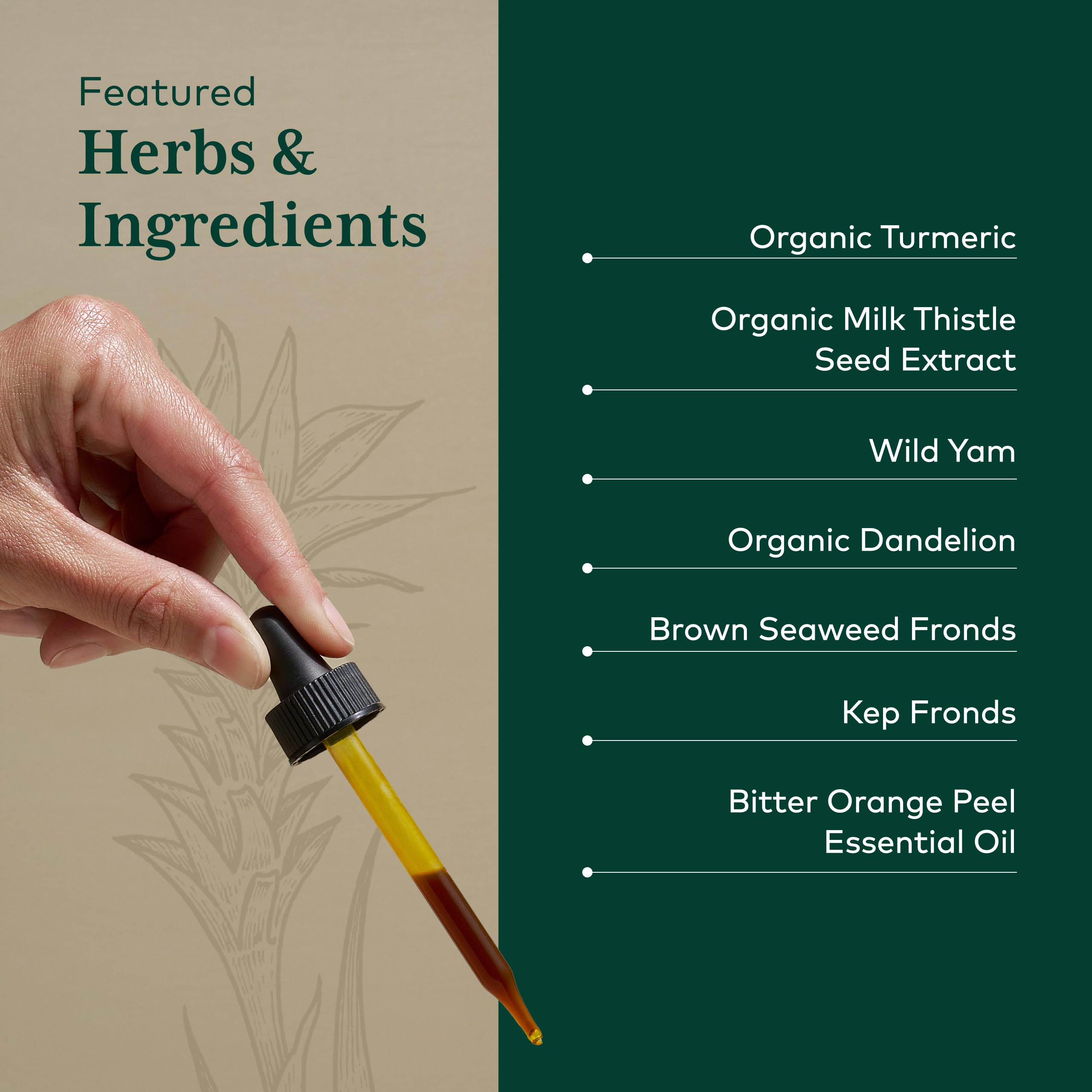 Gaia Herbs Pro persona usando gotas antes de comer para alivio digestivo