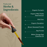 Gaia Herbs Pro persona usando gotas antes de comer para alivio digestivo