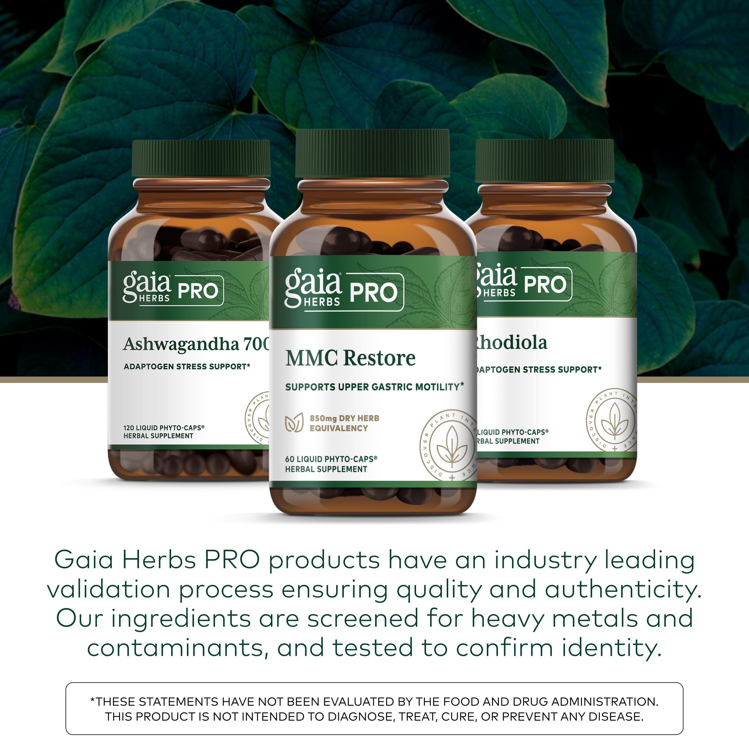 Gaia Herbs PRO etiqueta con información y pruebas de calidad visibles
