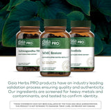 Gaia Herbs PRO etiqueta con información y pruebas de calidad visibles