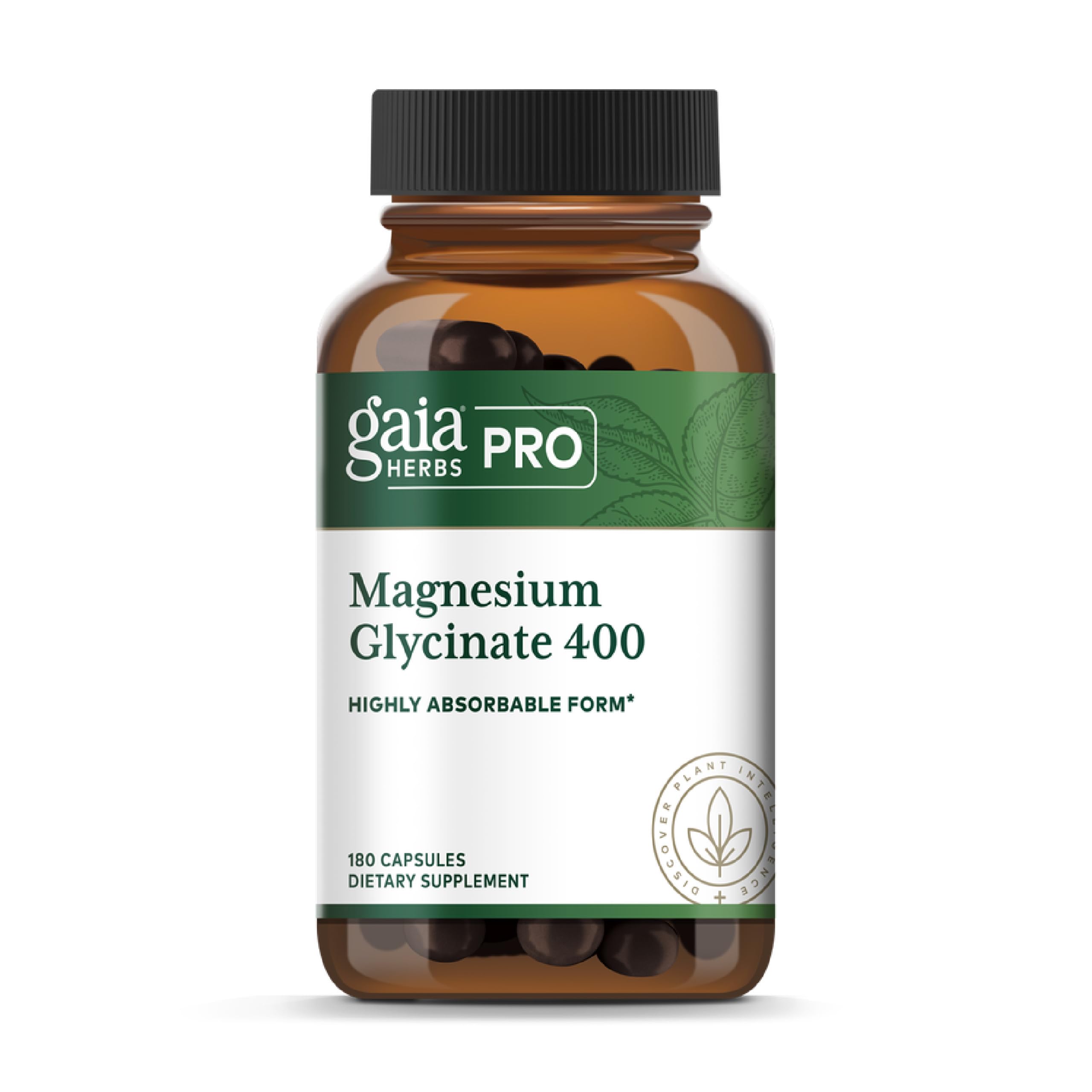 Gaia Herbs PRO botella frontal mostrando magnesio glicinato y beneficios de absorción