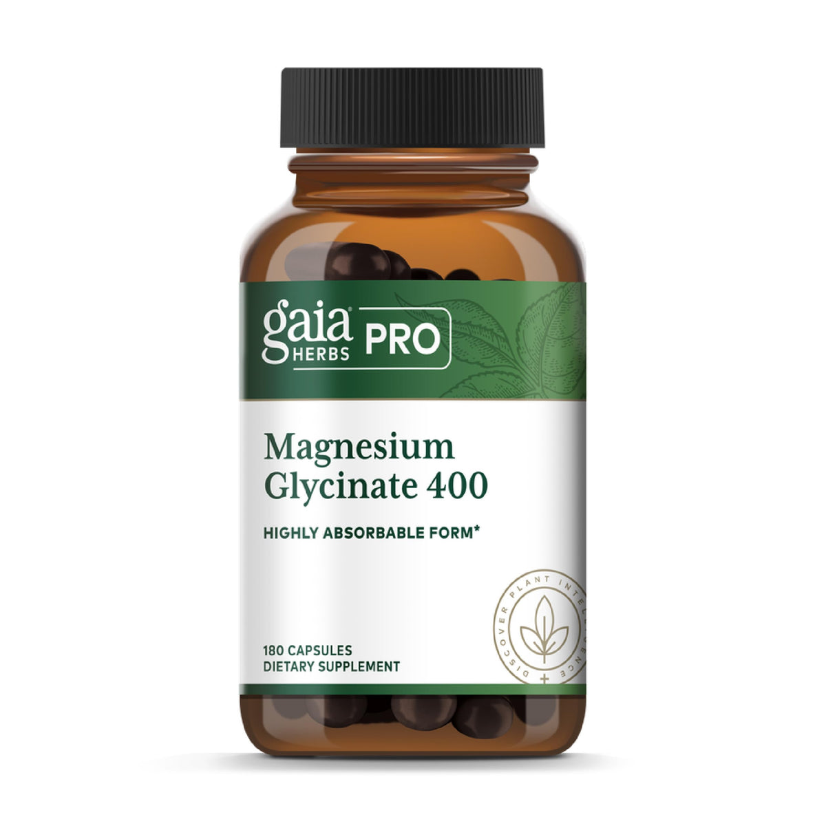 Gaia Herbs PRO botella frontal mostrando magnesio glicinato y beneficios de absorción