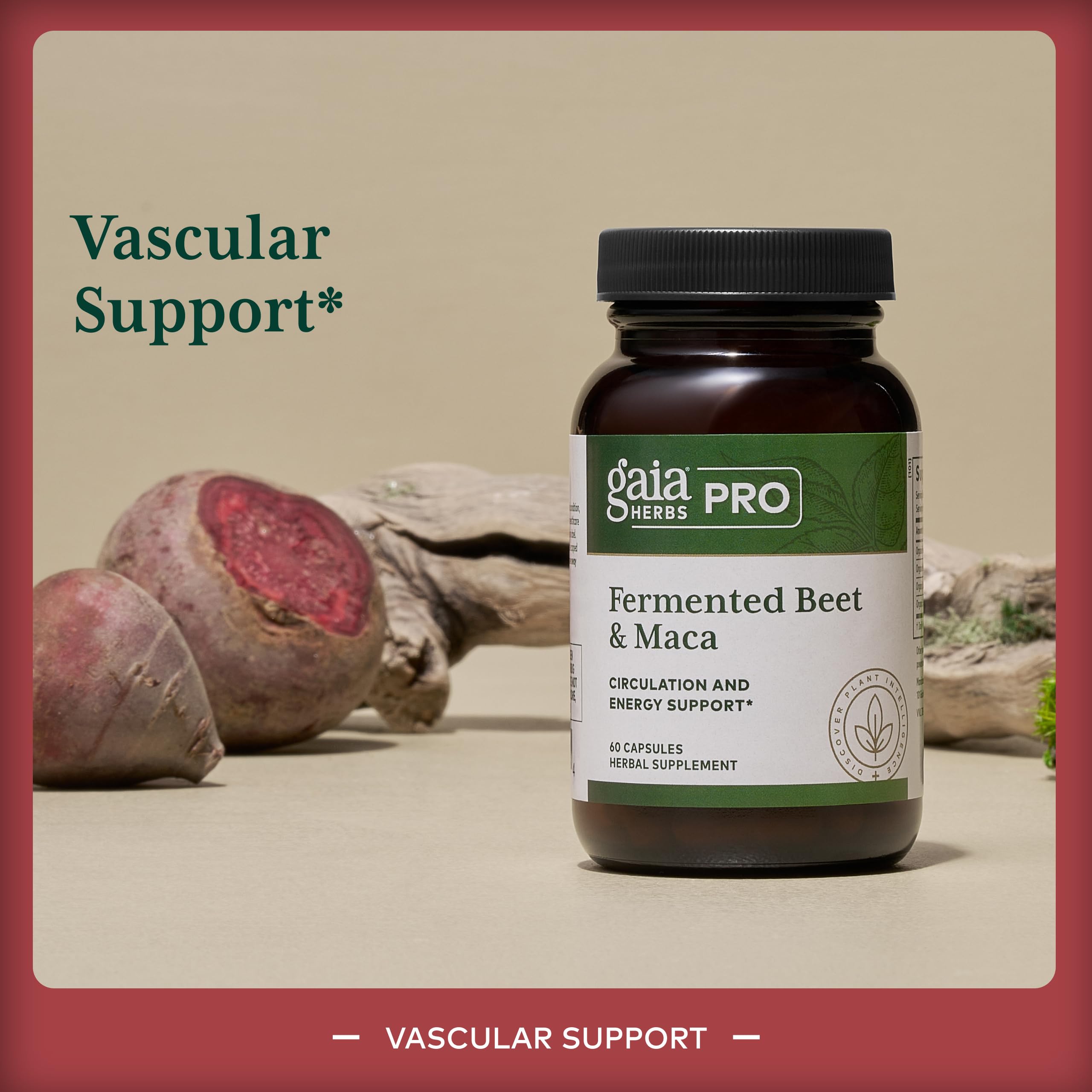 Gaia Herbs PRO ingredientes: remolacha fermentada y maca, resaltando origen vegetal