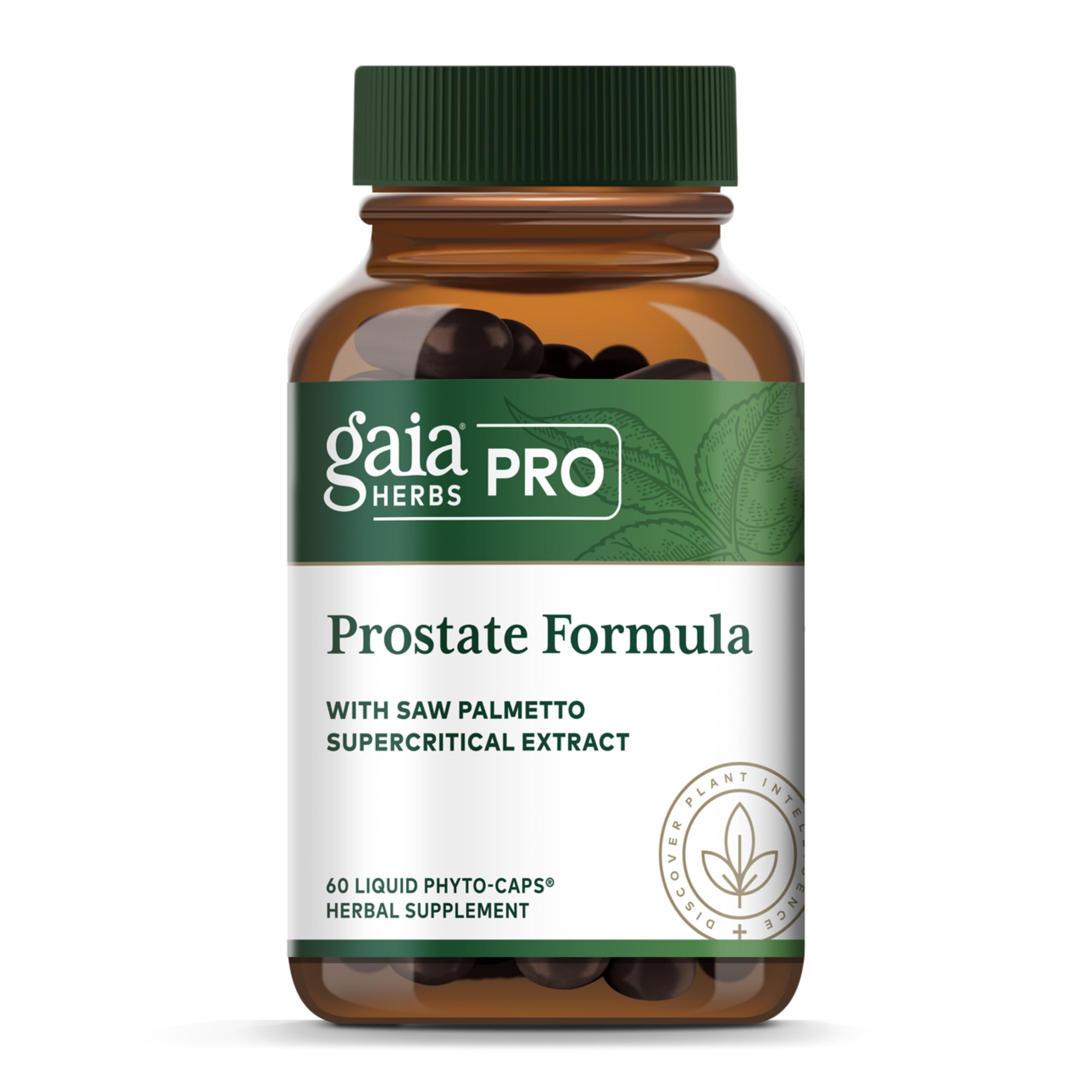 Gaia Herbs PRO frasco frontal con etiqueta clara y beneficio de apoyo prostático