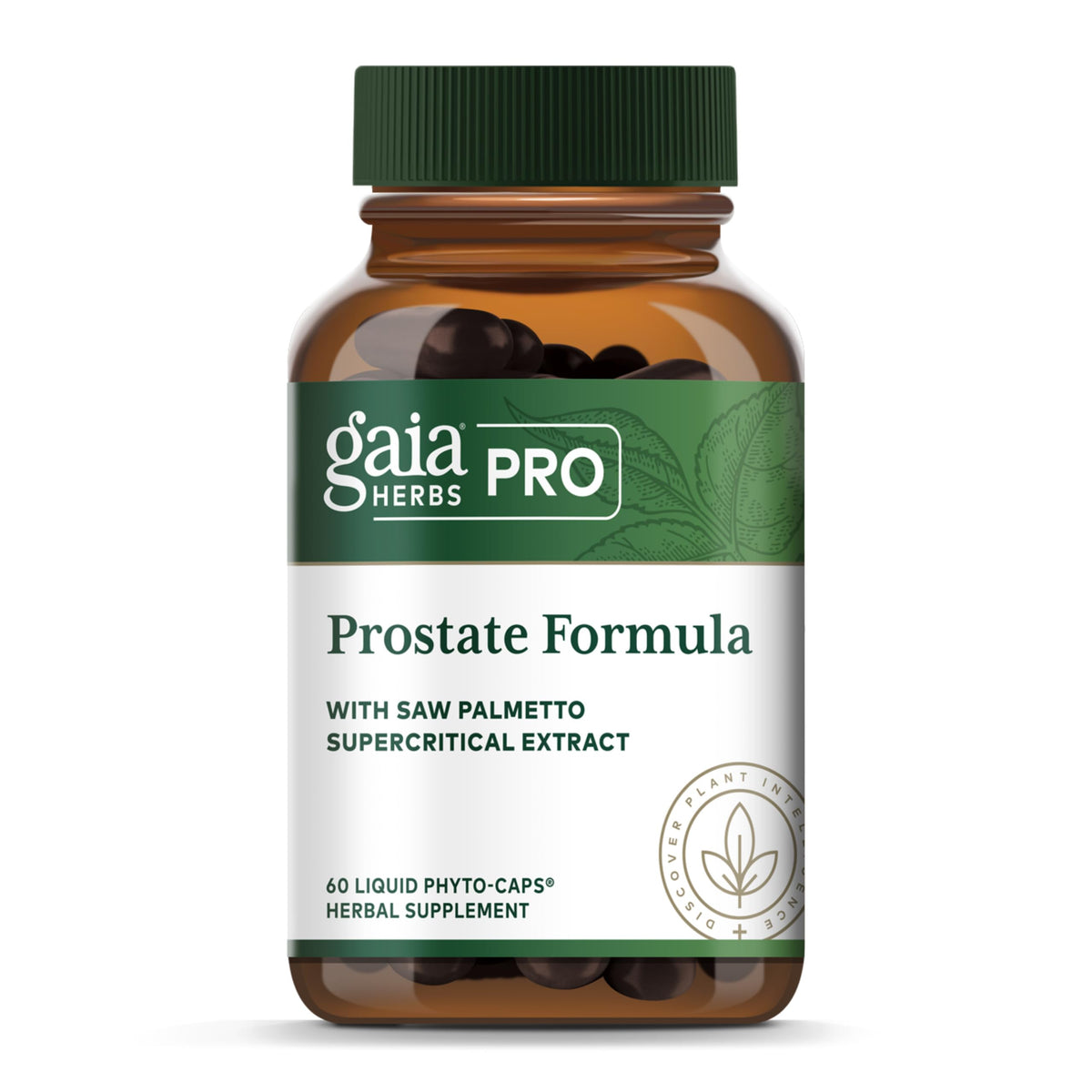 Gaia Herbs PRO frasco frontal con etiqueta clara y beneficio de apoyo prostático