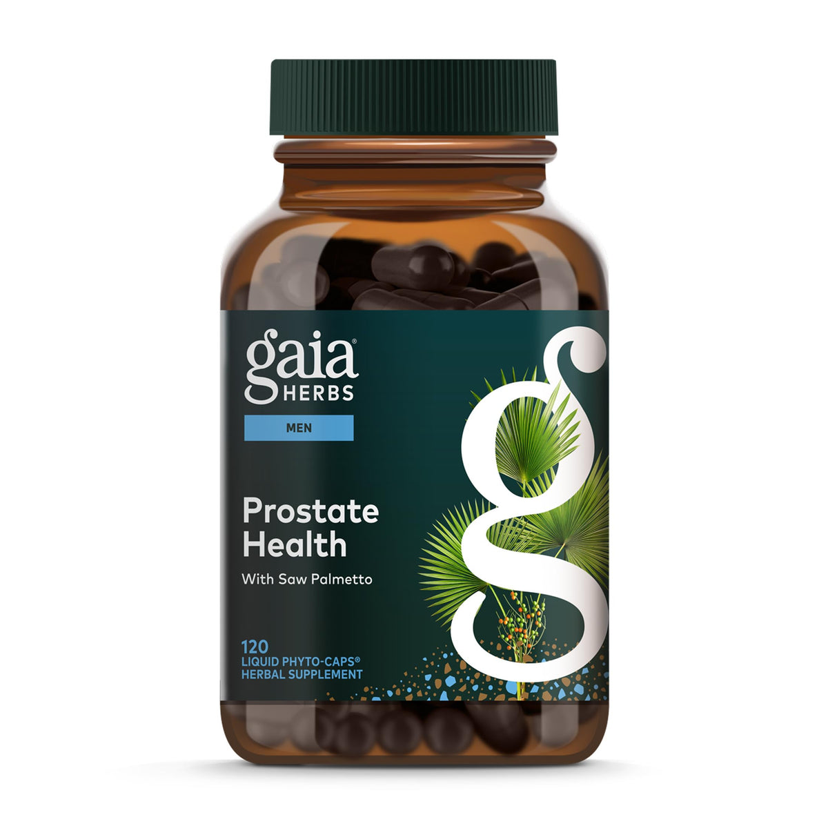 Gaia Herbs envase frontal del suplemento prostático mostrando diseño y tamaño