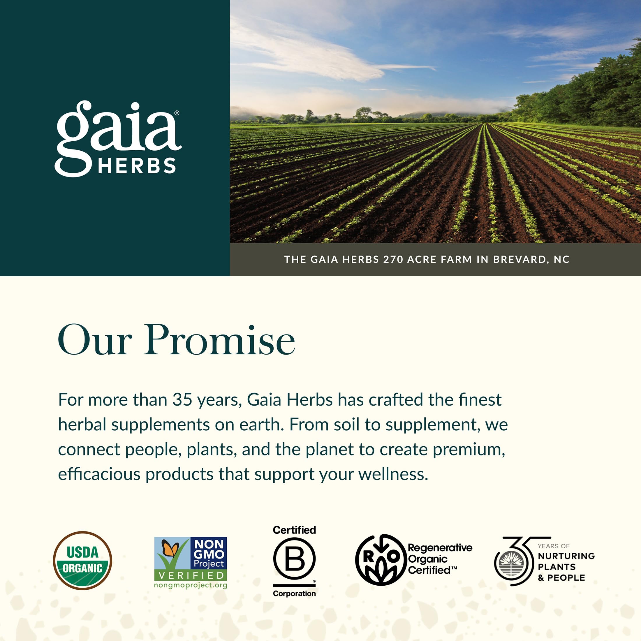 Gaia Herbs etiqueta con información, claridad en ingredientes y uso