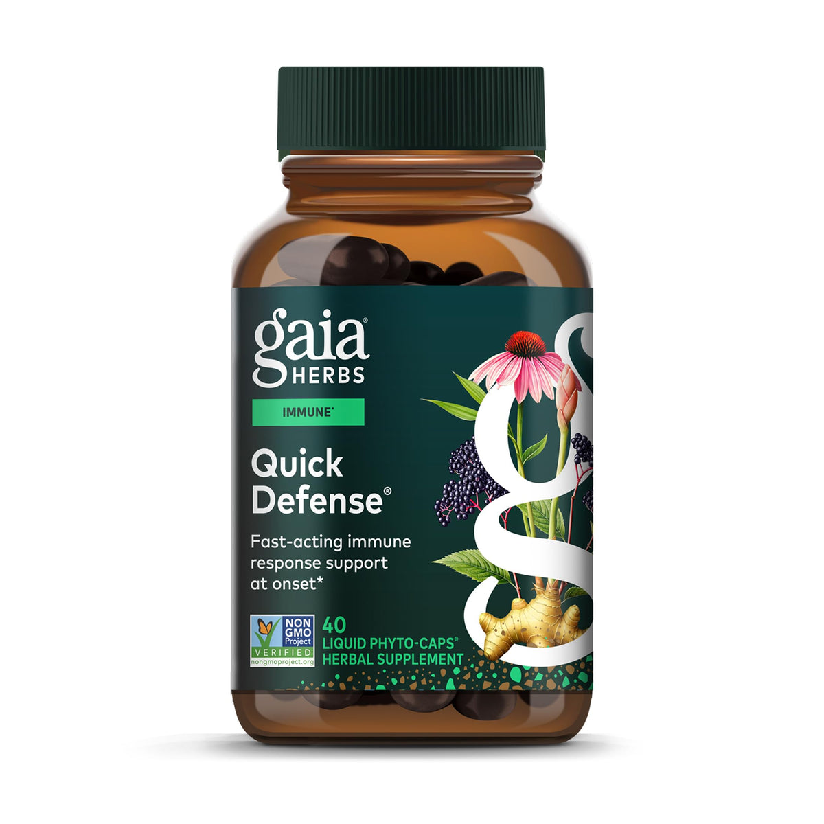 Gaia Herbs envase frontal mostrando fórmula vegana y beneficio rápido