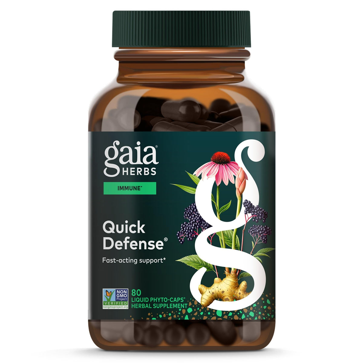 Gaia Herbs frasco frontal mostrando fórmula Quick Defense y conveniencia