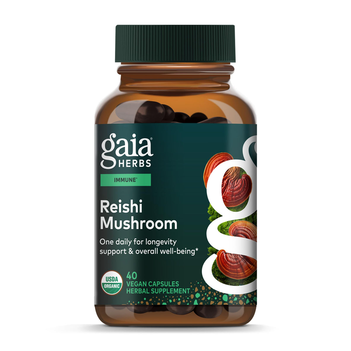 Gaia Herbs frasco frontal mostrando cápsulas veganas y claridad en la presentación