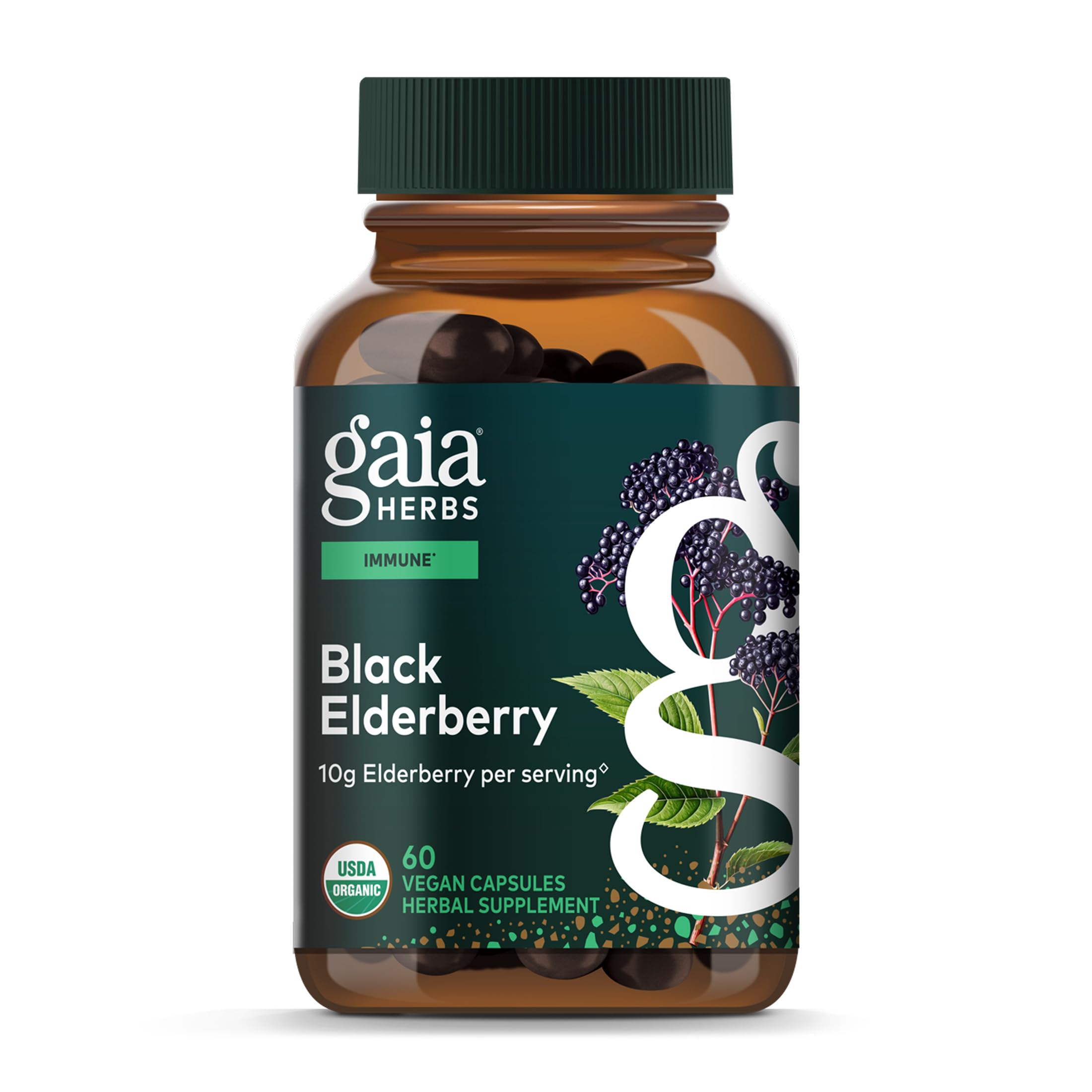 Gaia Herbs frasco frente mostrando diseño y beneficios del saúco