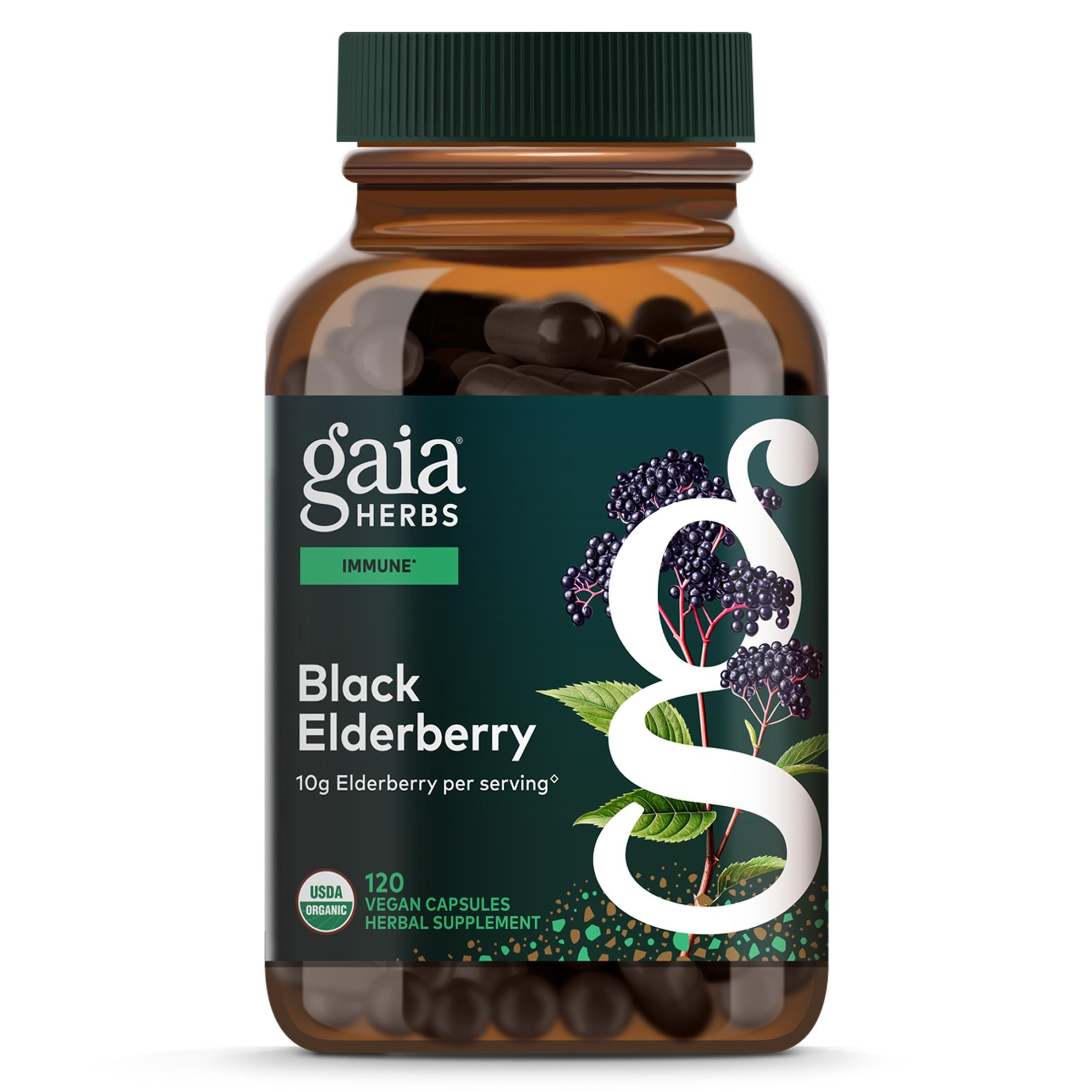 Gaia Herbs frasco frontal mostrando saúco para identificar el producto fácilmente