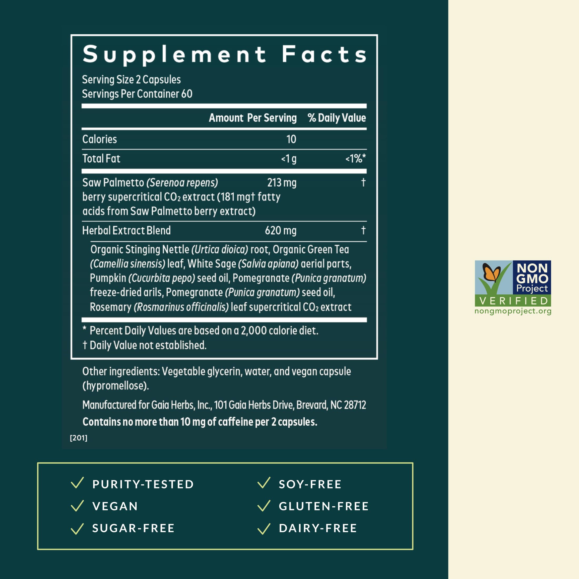 Gaia Herbs bayas de saw palmetto recolectadas a mano, ingrediente principal beneficioso