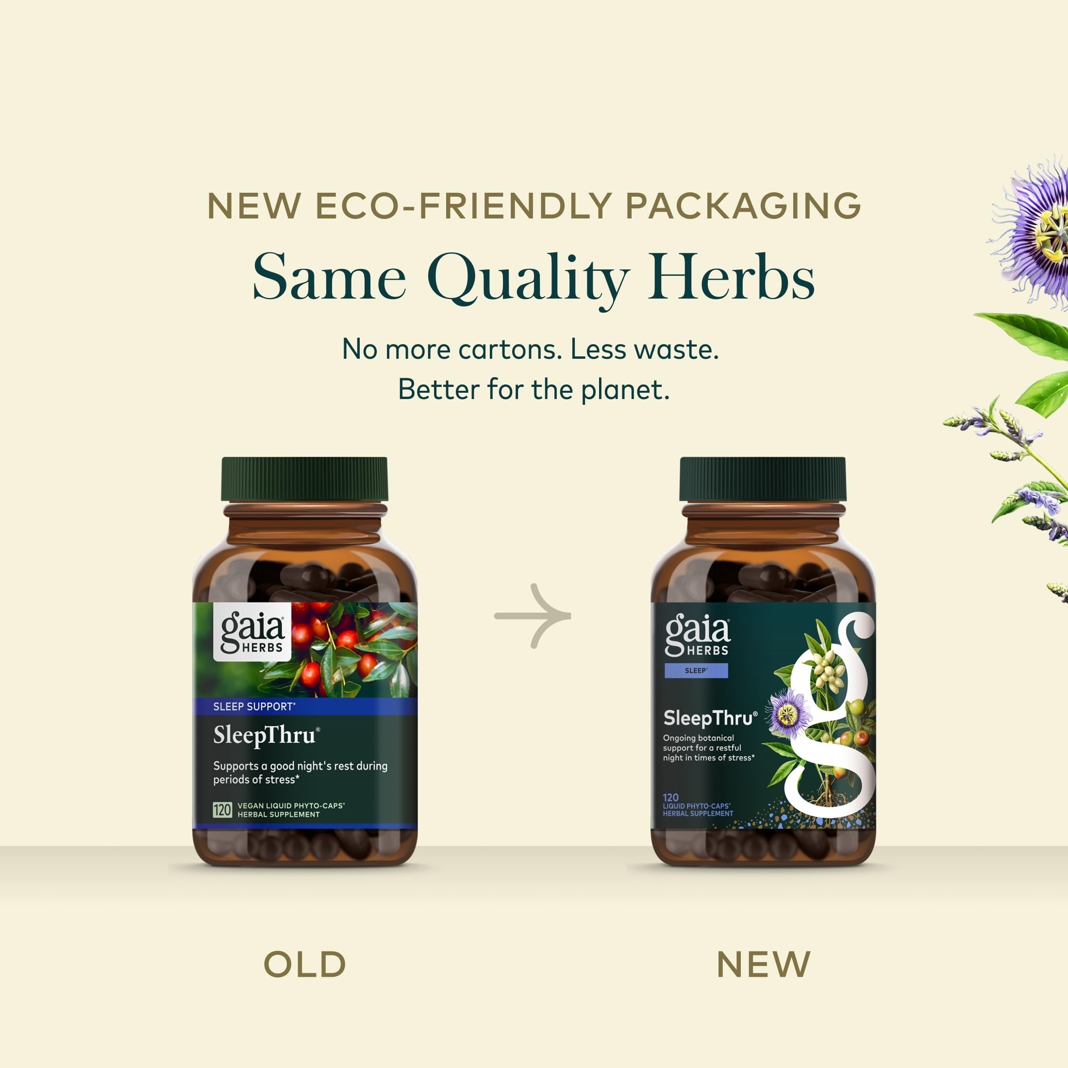 Gaia Herbs envase y caja, enfoque en prácticas sostenibles y trazabilidad