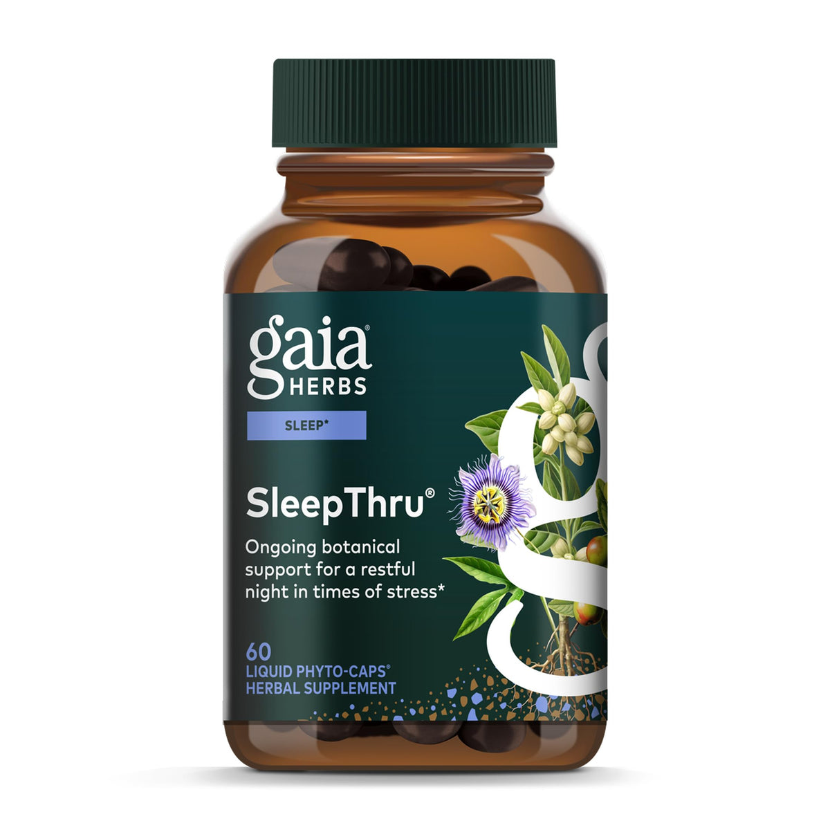 Gaia Herbs frasco SleepThru vista frontal mostrando la etiqueta clara y beneficios