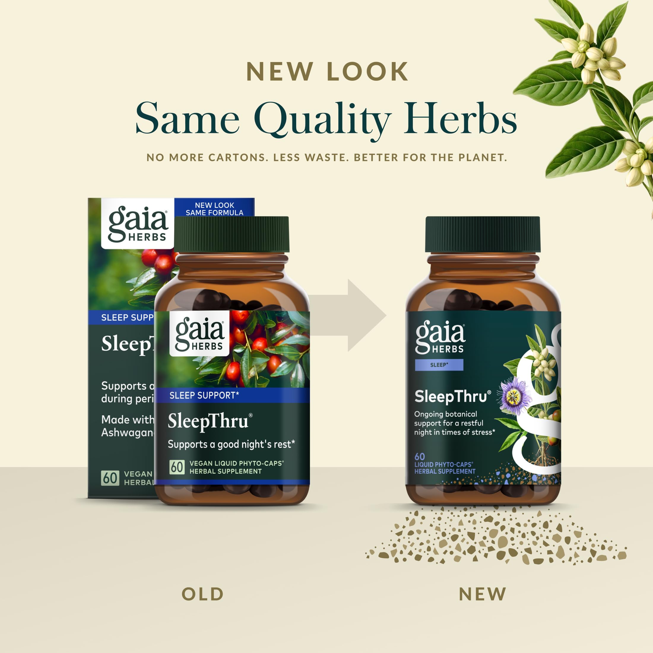 Gaia Herbs SleepThru cápsula junto a almohada representando uso nocturno tranquilo